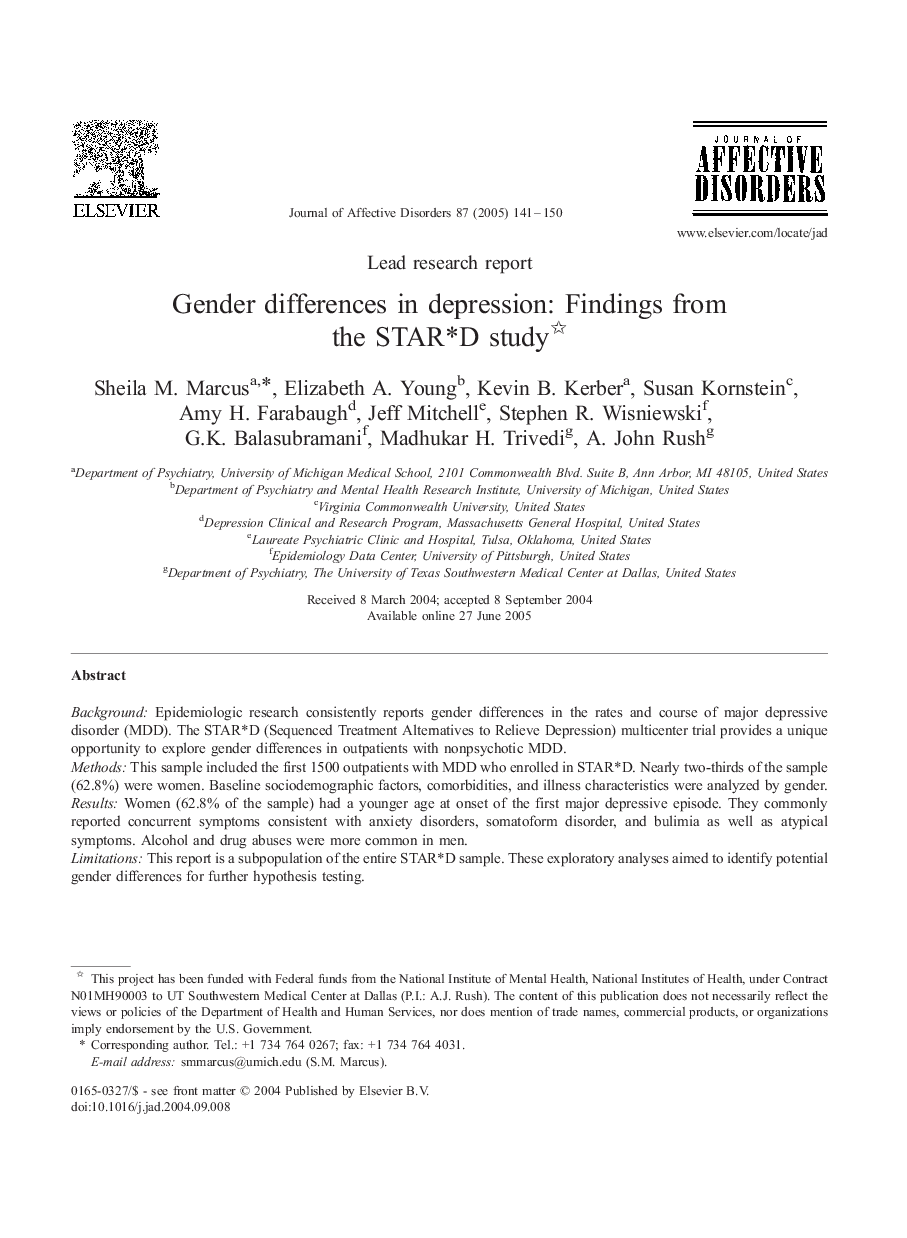 Gender differences in depression: Findings from the STAR*D study