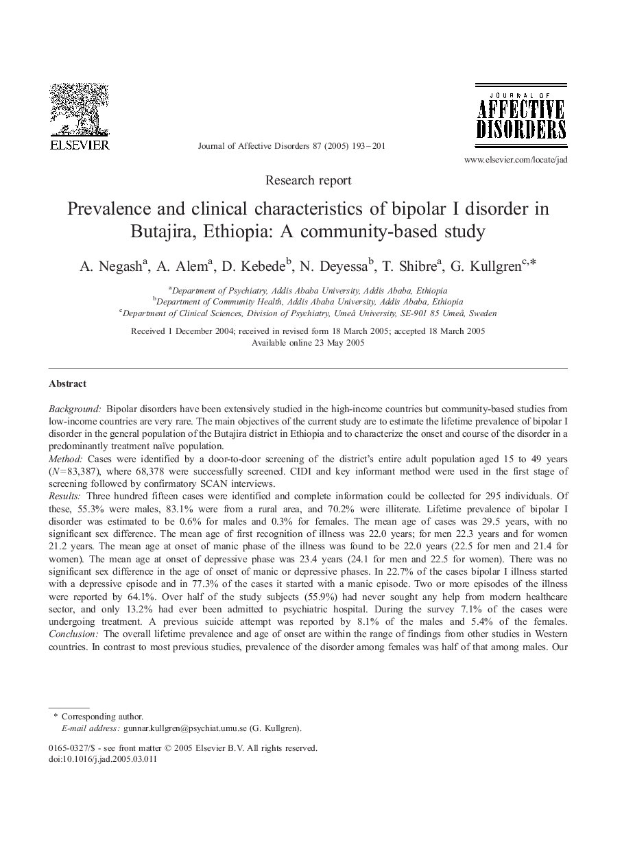 Prevalence and clinical characteristics of bipolar I disorder in Butajira, Ethiopia: A community-based study