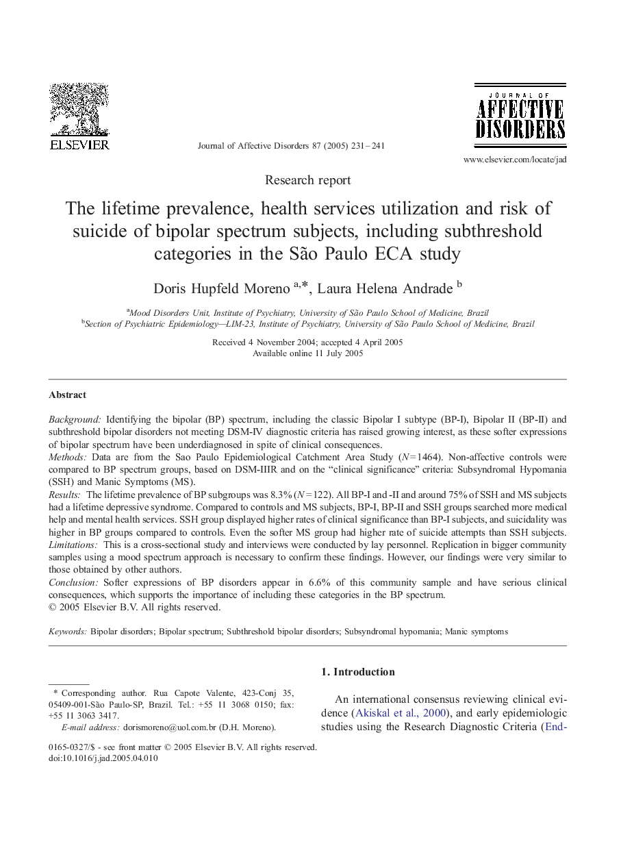 The lifetime prevalence, health services utilization and risk of suicide of bipolar spectrum subjects, including subthreshold categories in the SÃ£o Paulo ECA study