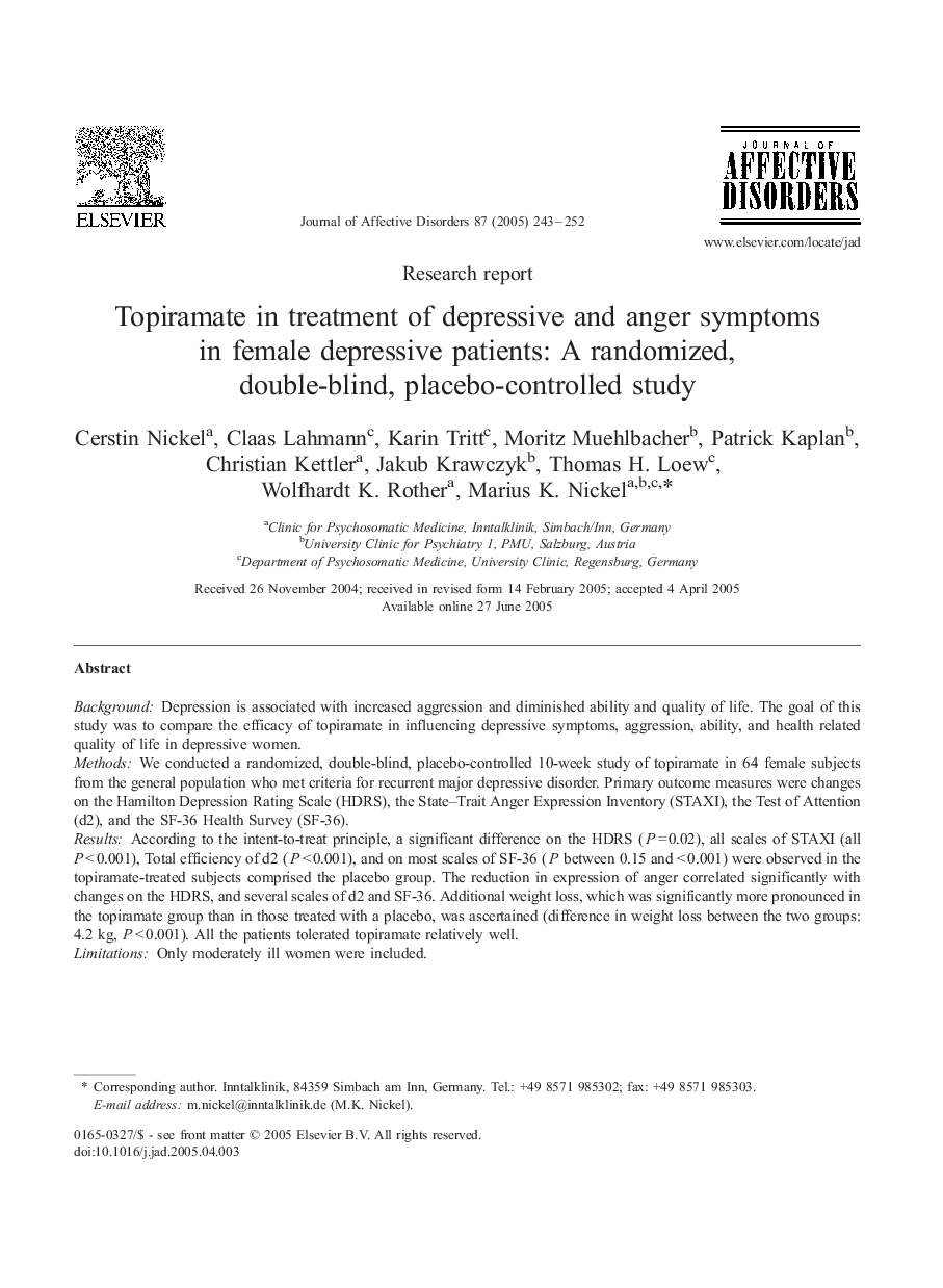 Topiramate in treatment of depressive and anger symptoms in female depressive patients: A randomized, double-blind, placebo-controlled study