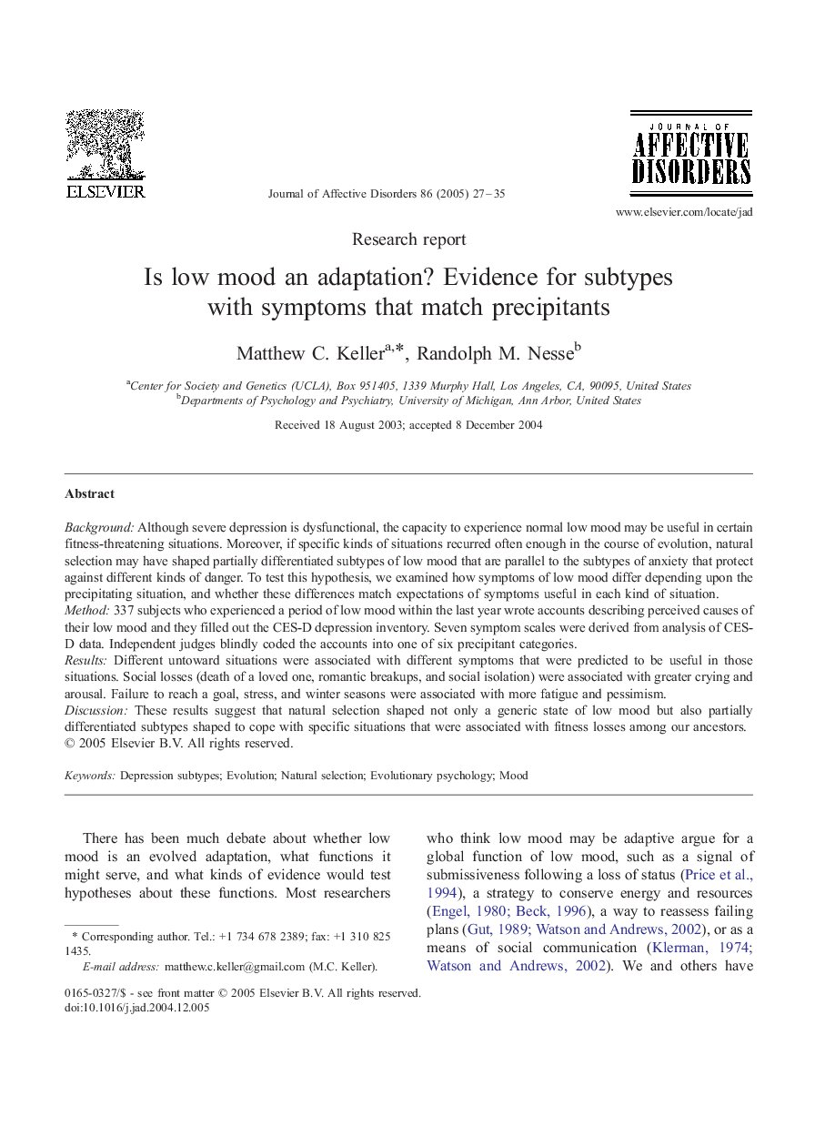 Is low mood an adaptation? Evidence for subtypes with symptoms that match precipitants