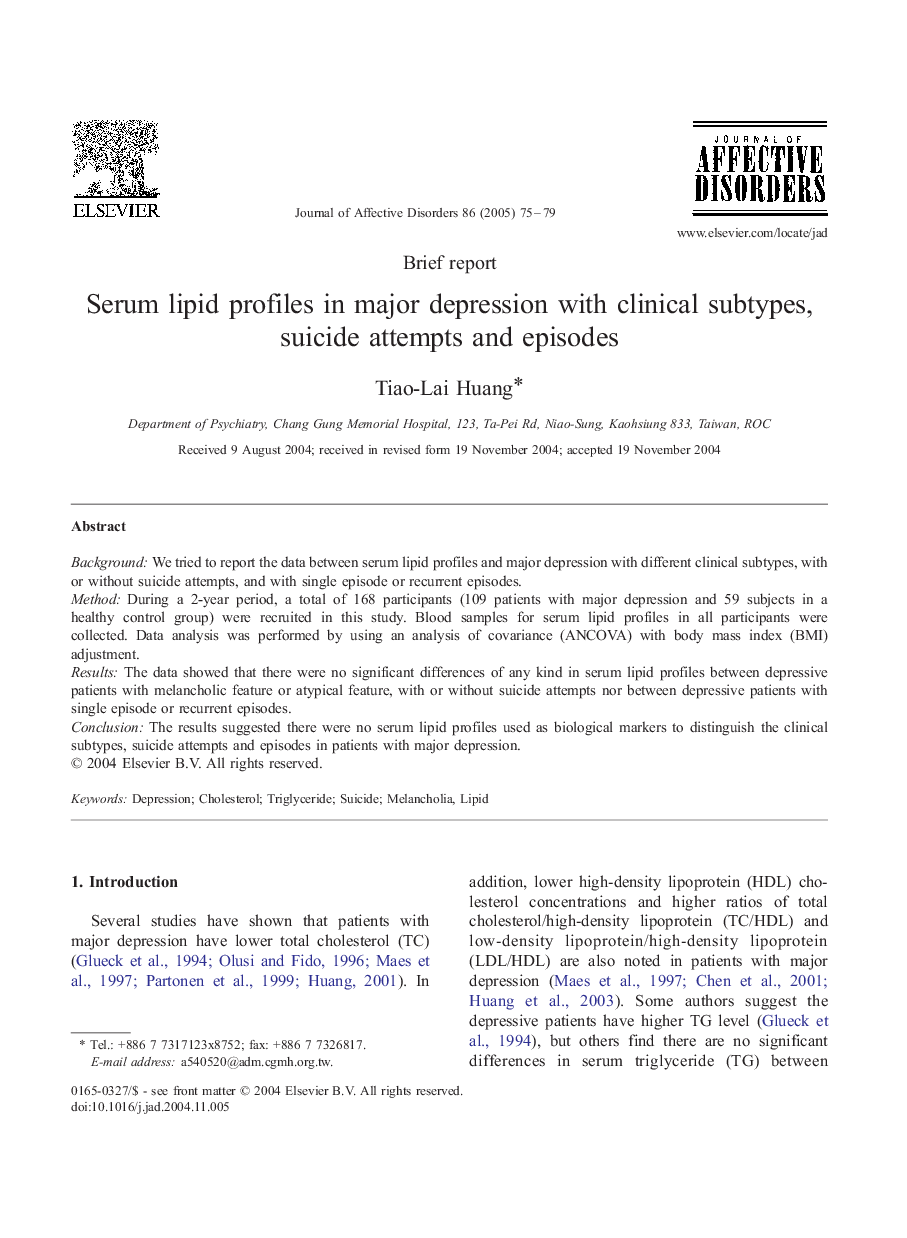 Serum lipid profiles in major depression with clinical subtypes, suicide attempts and episodes