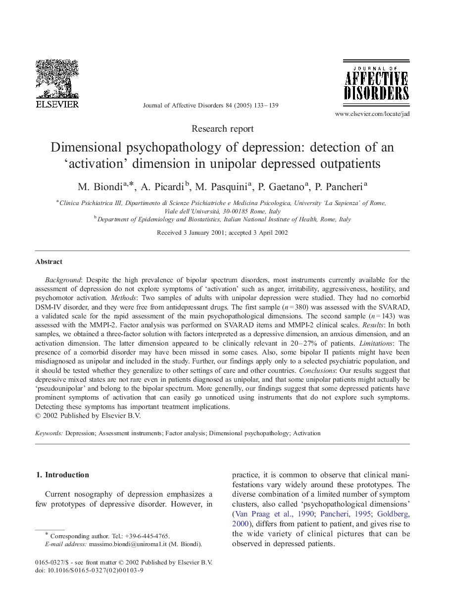 Dimensional psychopathology of depression: detection of an 'activation' dimension in unipolar depressed outpatients