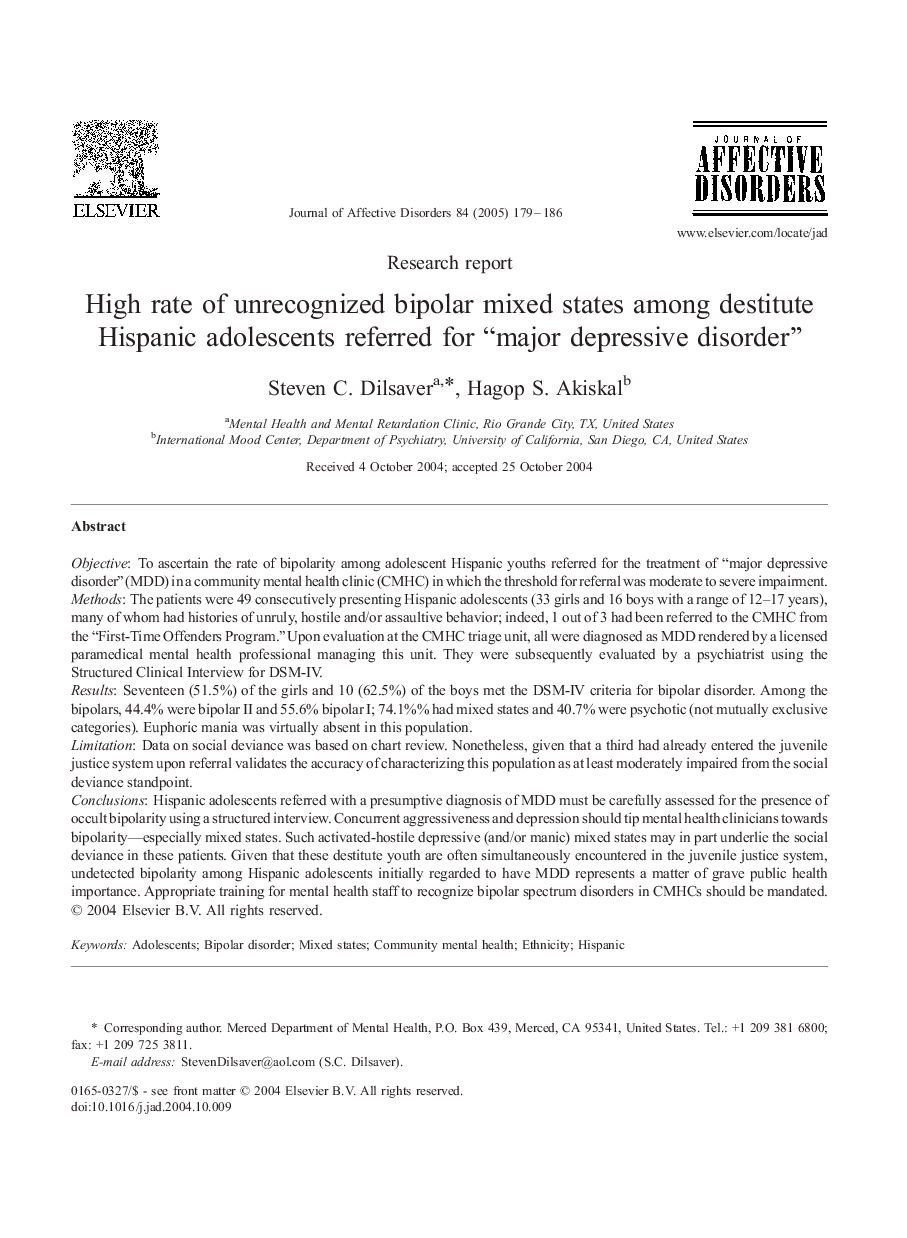 High rate of unrecognized bipolar mixed states among destitute Hispanic adolescents referred for “major depressive disorder”