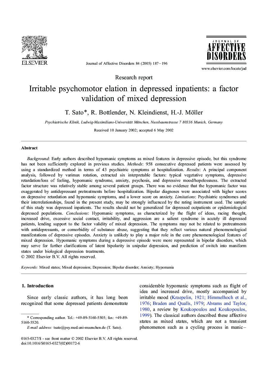 Irritable psychomotor elation in depressed inpatients: a factor validation of mixed depression