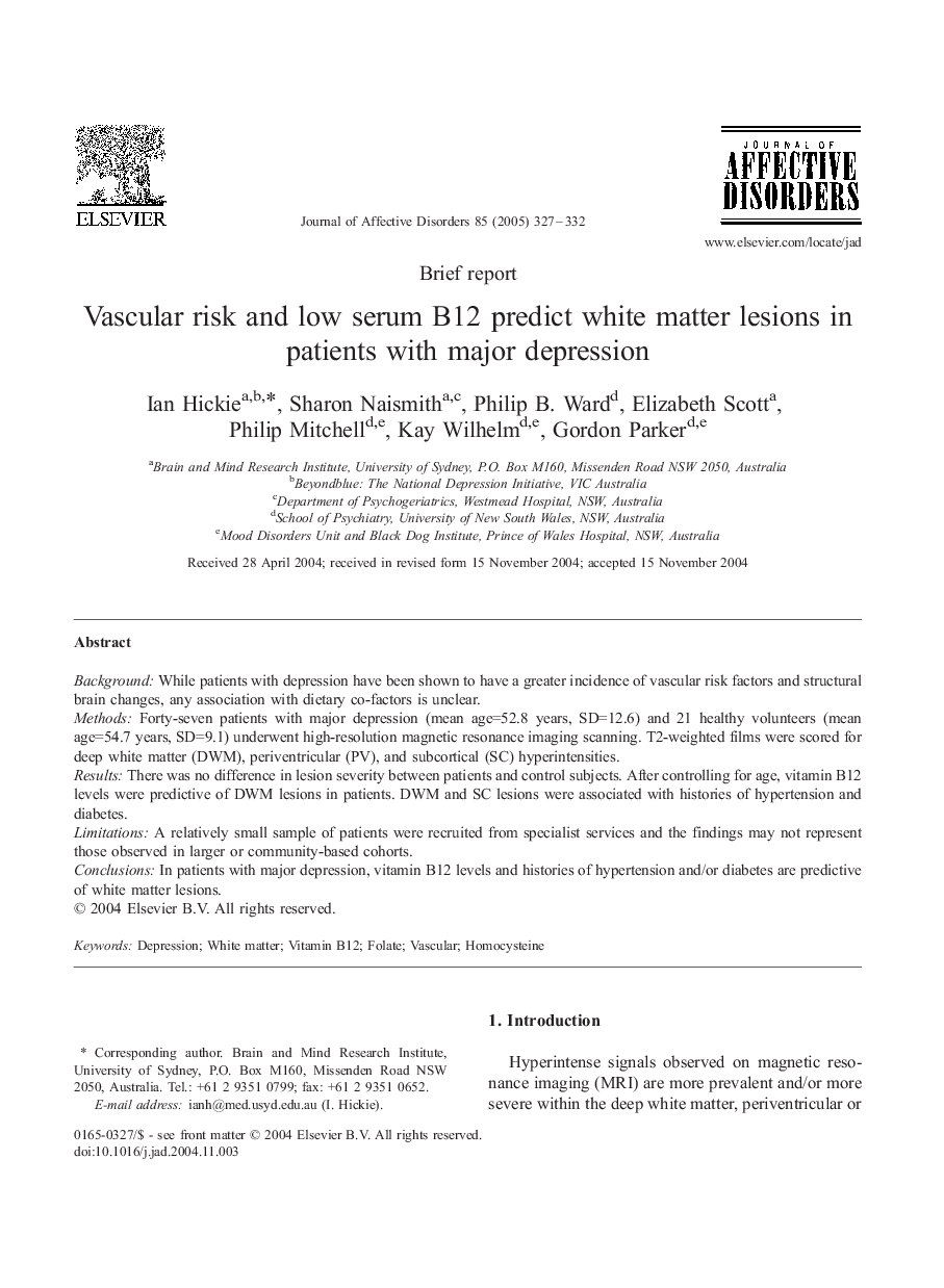 Vascular risk and low serum B12 predict white matter lesions in patients with major depression