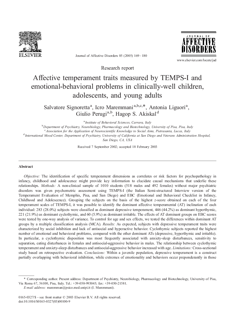 Affective temperament traits measured by TEMPS-I and emotional-behavioral problems in clinically-well children, adolescents, and young adults