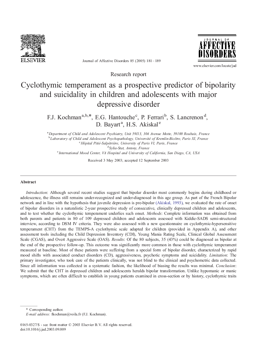 Cyclothymic temperament as a prospective predictor of bipolarity and suicidality in children and adolescents with major depressive disorder