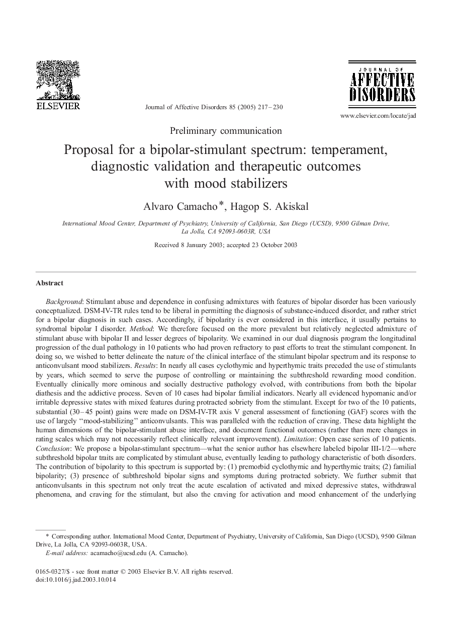 Proposal for a bipolar-stimulant spectrum: temperament, diagnostic validation and therapeutic outcomes with mood stabilizers