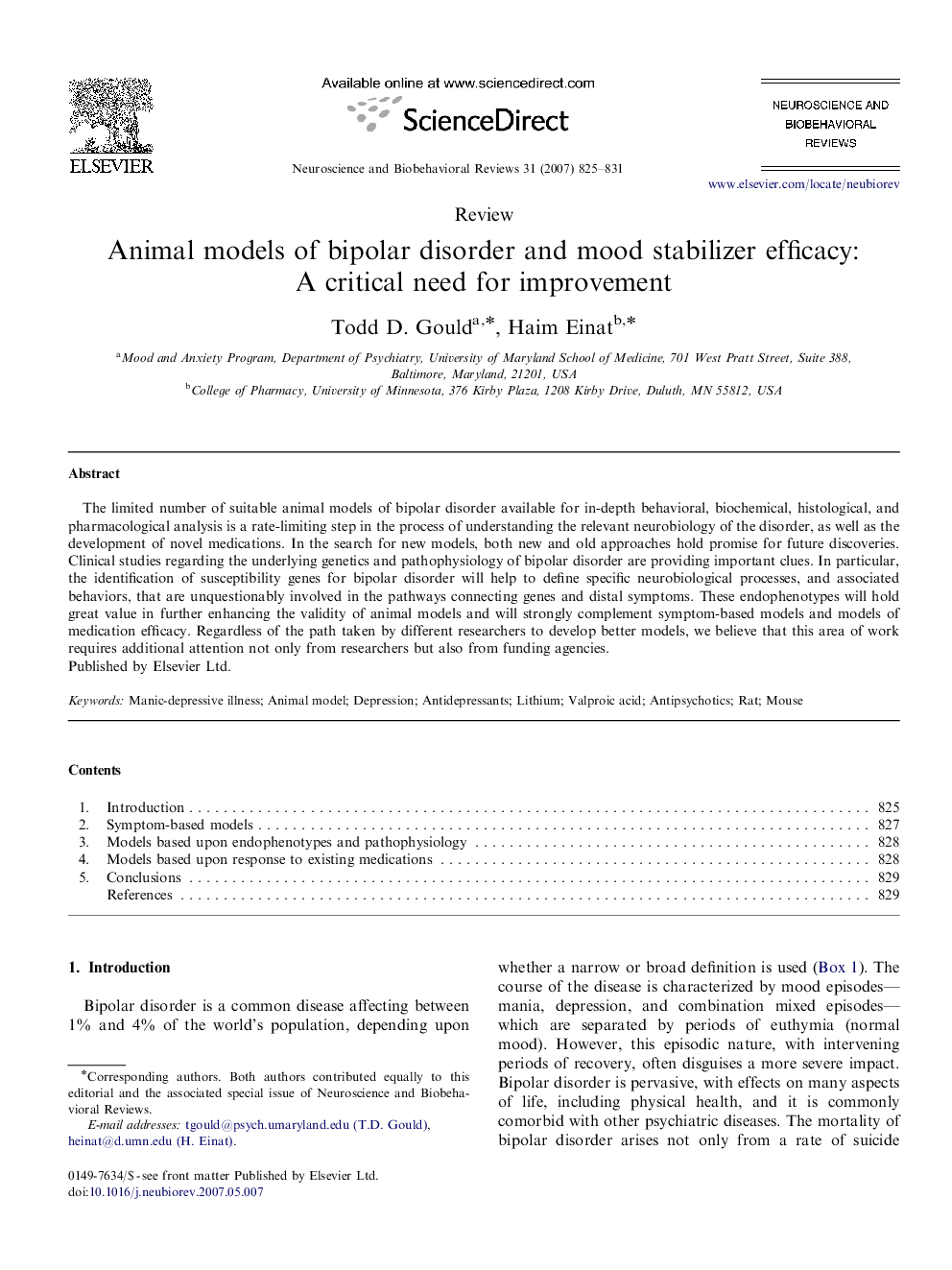 Animal models of bipolar disorder and mood stabilizer efficacy: A critical need for improvement