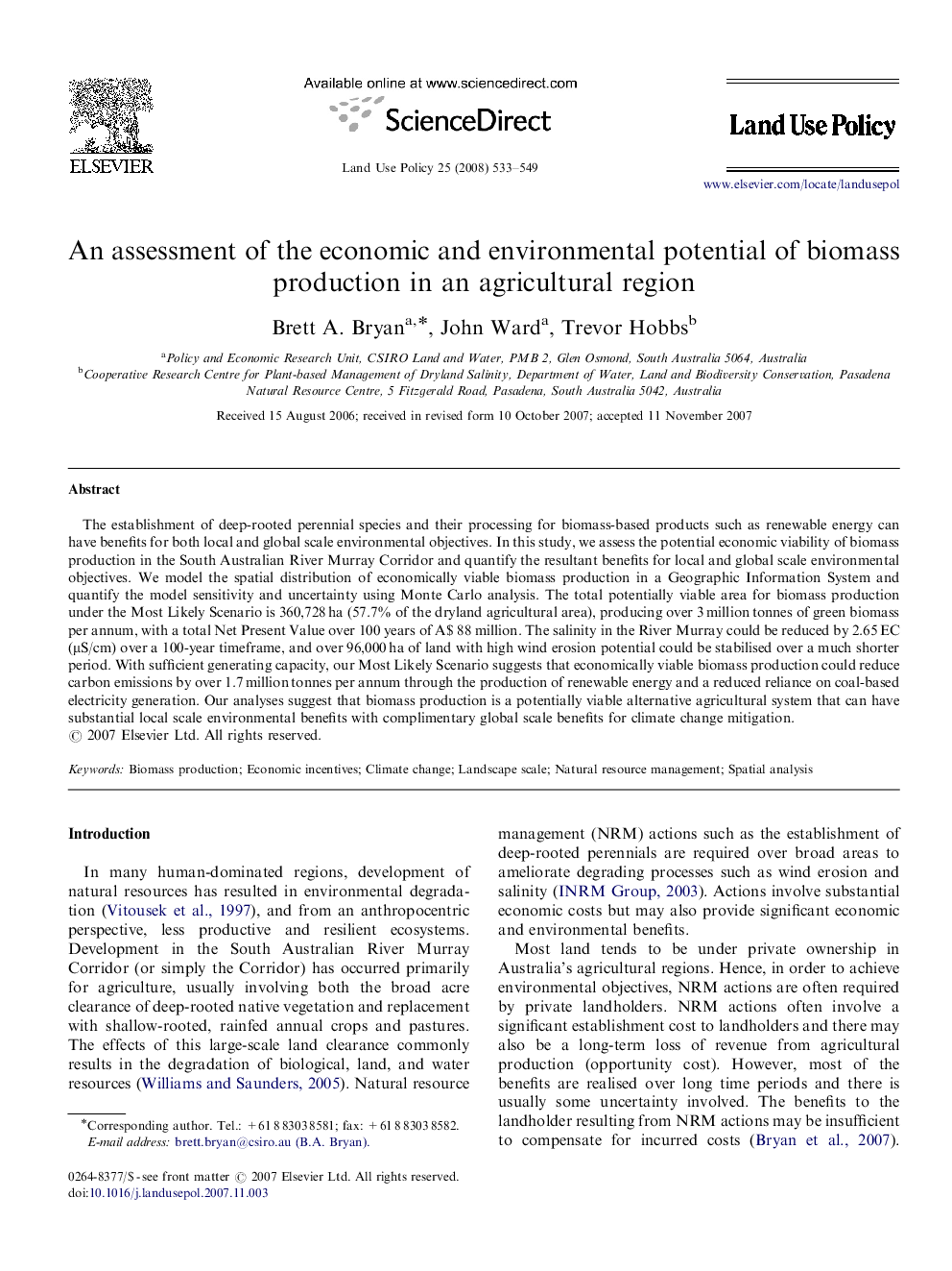 An assessment of the economic and environmental potential of biomass production in an agricultural region