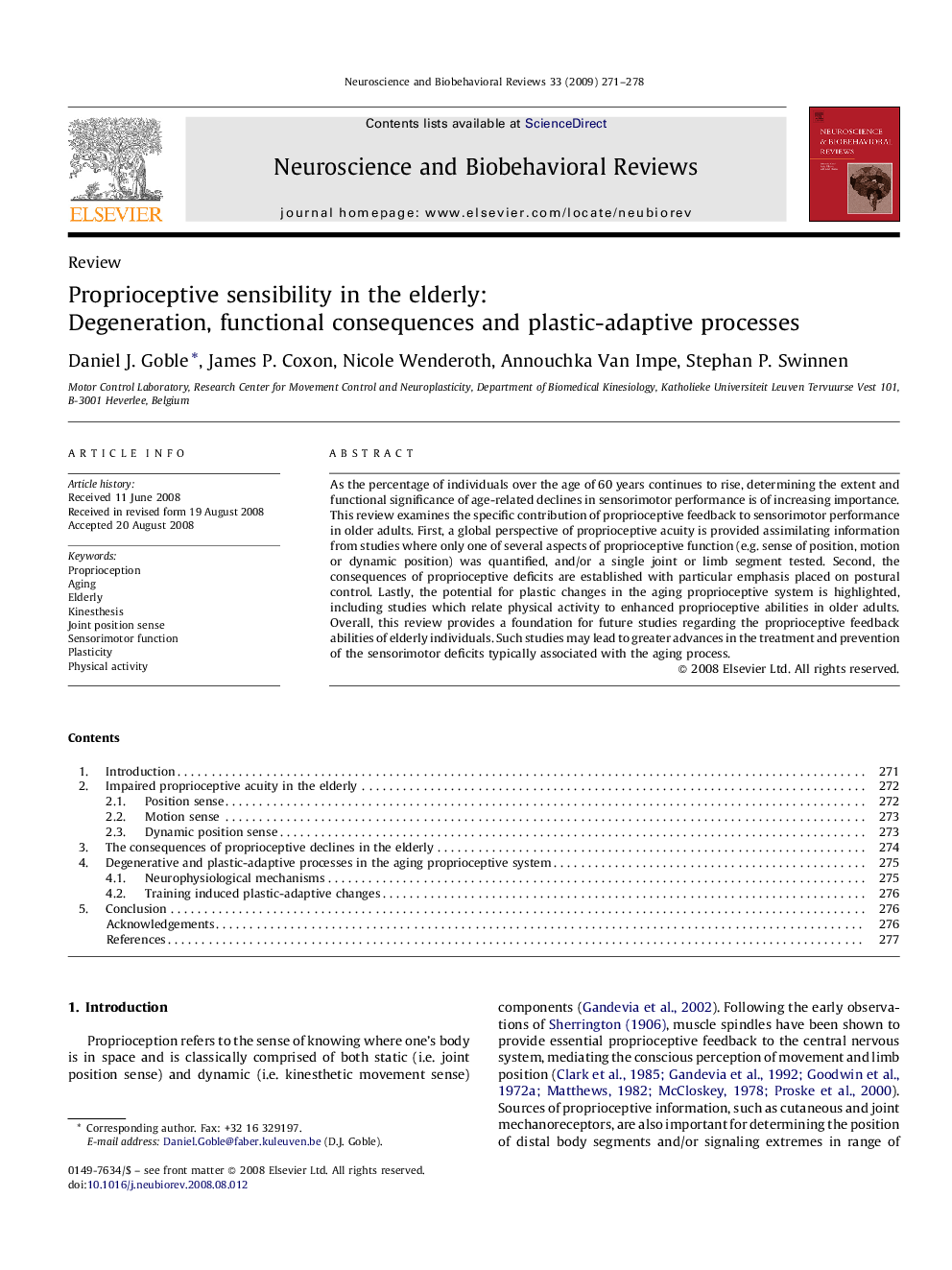 Proprioceptive sensibility in the elderly: Degeneration, functional consequences and plastic-adaptive processes