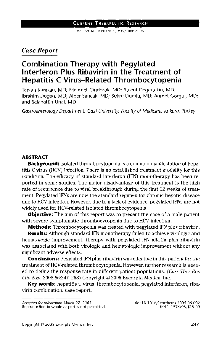 Combination therapy with pegylated interferon plus ribavirin in the treatment of hepatitis C virus-related thrombocytopenia