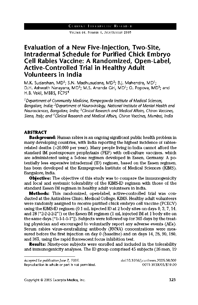 Evaluation of a new five-injection, two-site,intradermal schedule for purified chick embryo cell rabies vaccine: A randomized, open-label, active-controlled trial in healthy adult volunteers in India