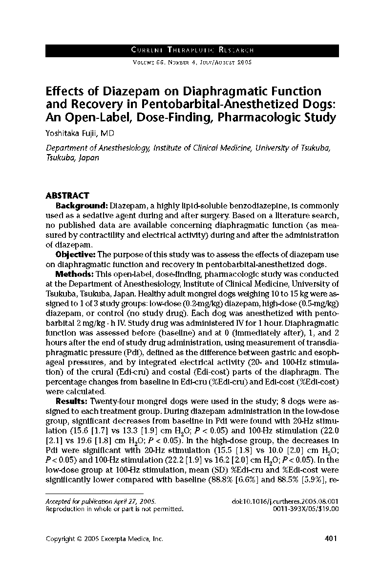 Effects of diazepam on diaphragmatic functionand recovery in pentobarbital-anesthetized dogs: An open-label, dose-finding, pharmacologic study