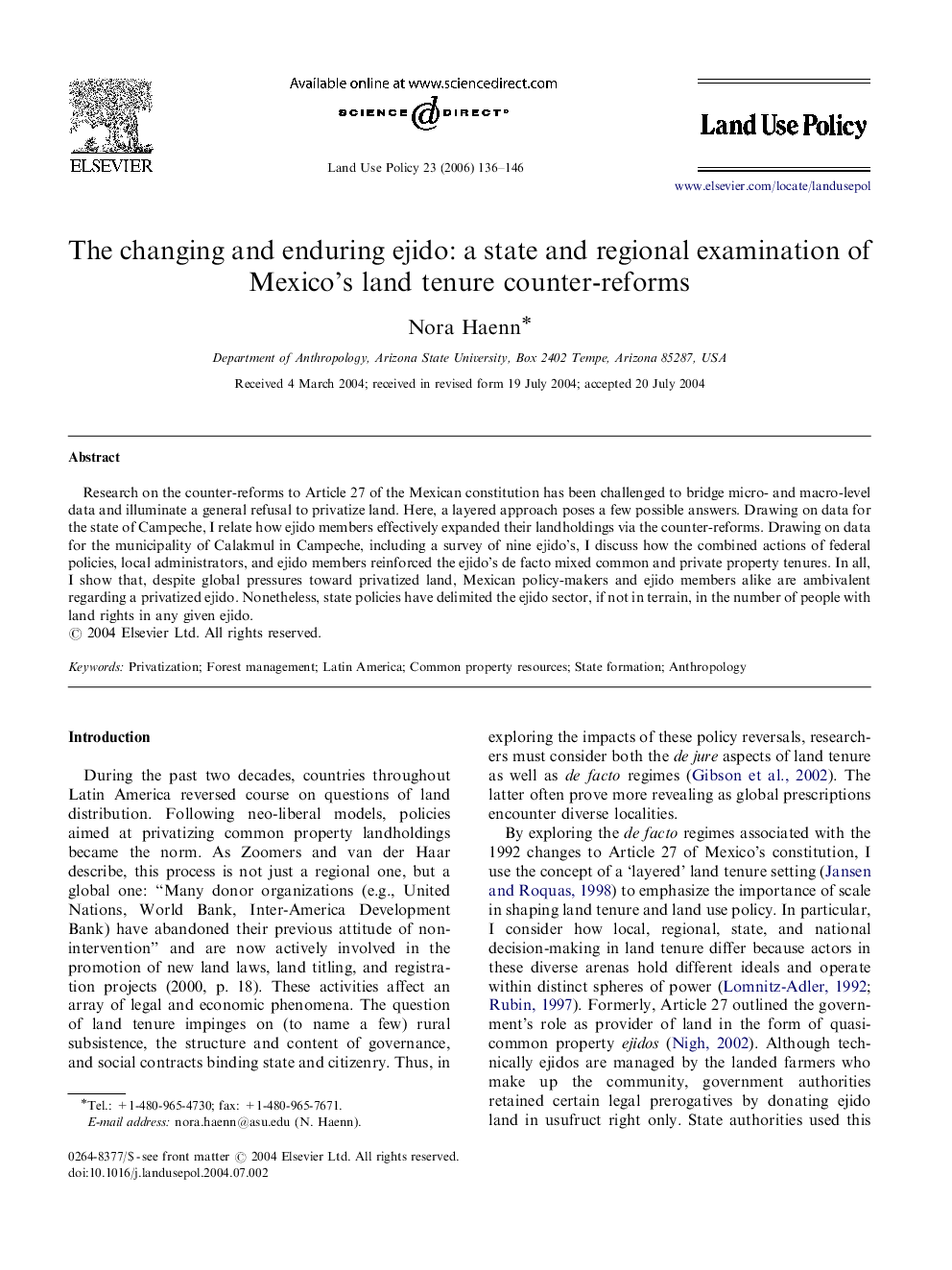 The changing and enduring ejido: a state and regional examination of Mexico's land tenure counter-reforms