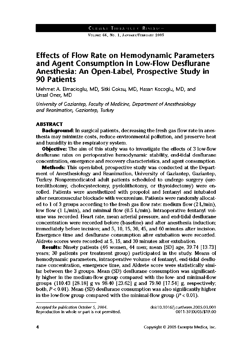 عکس صفحه اول مقاله: Effects of flow rate on hemodynamic parameters and agent consumption in low-flow desflurane anesthesia: An open-label, prospective study in 90 patients Effects of flow rate on hemodynamic parameters and agent consumption in low-flow desflurane anesthesia: An open-label, prospective study in 90 patients
