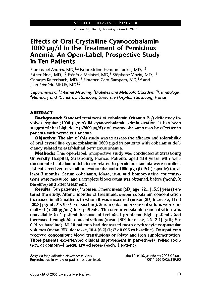 Effects of oral crystalline cyanocobalamin 1000 Î¼g/d in the treatment of pernicious anemia: An open-label, prospective study in Ten Patients