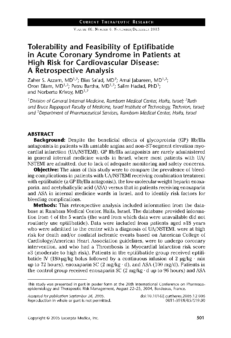 Tolerability and feasibility of eptifibatide in acute coronary syndrome in patients at high risk for cardiovascular disease: A retrospective analysis