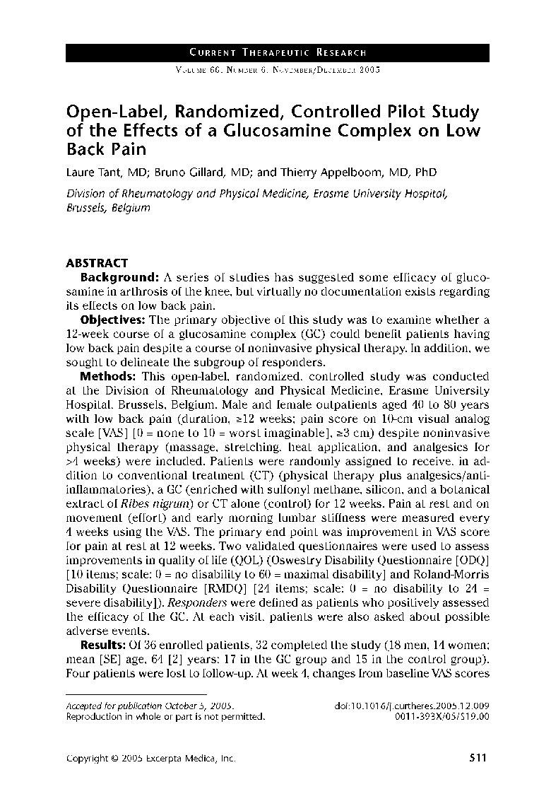 Open-label, randomized, controlled pilot study of the effects of a glucosamine complex on Low back pain