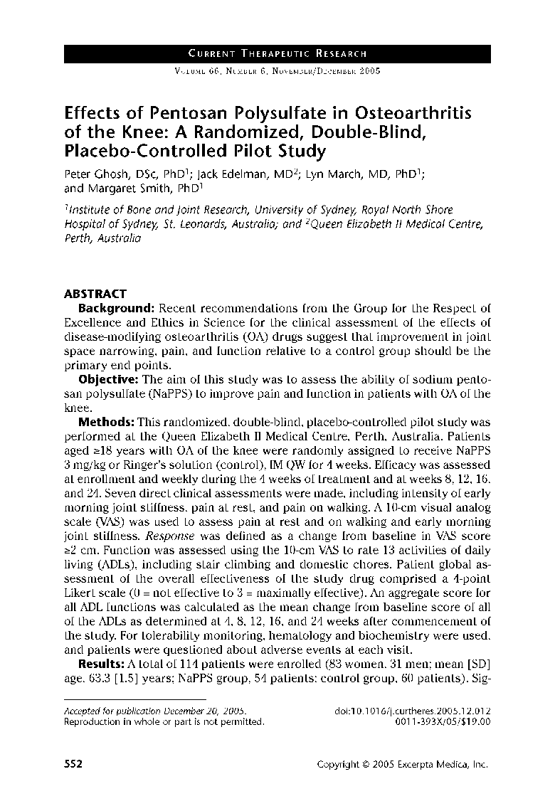 Effects of pentosan polysulfate in osteoarthritis of the knee: A randomized, double-blind, placebo-controlled pilot study