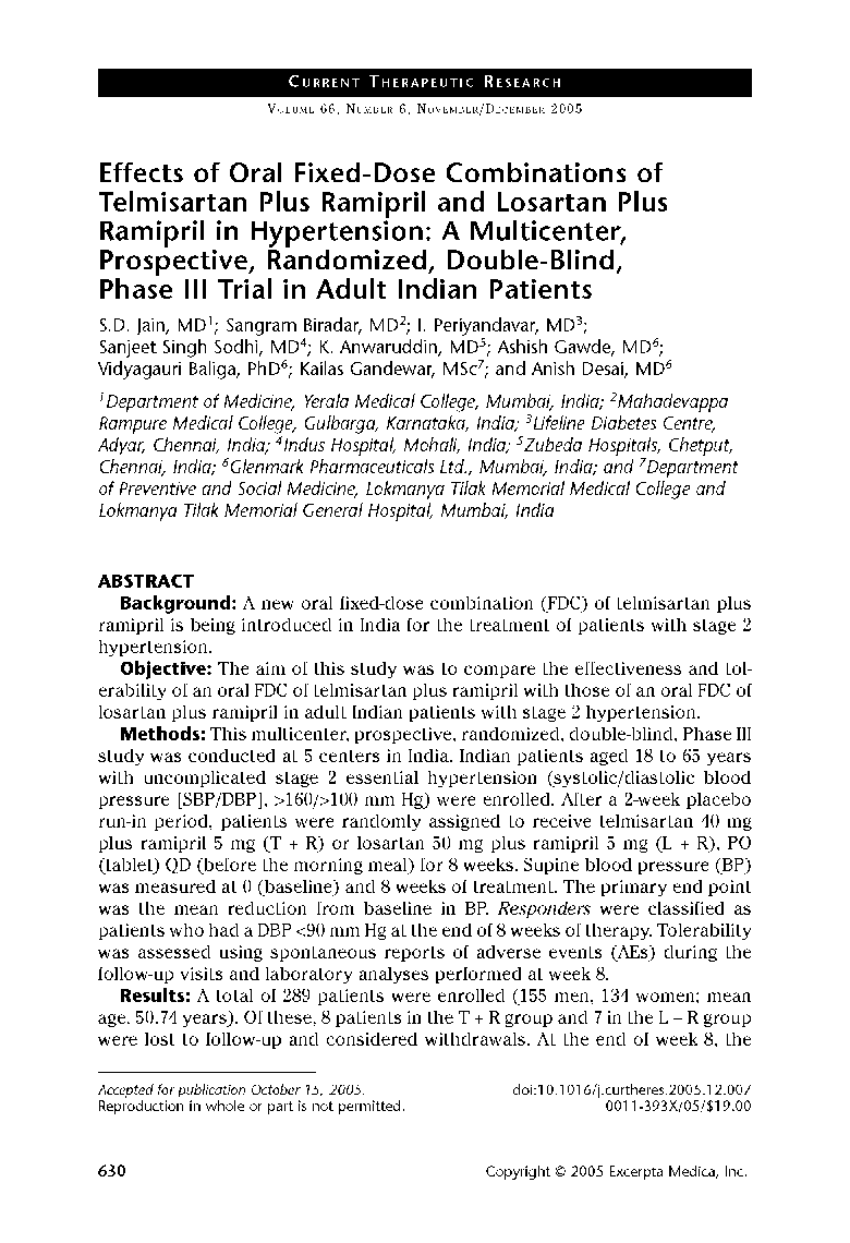 Effects of oral fixed-dose combinations of telmisartan plus ramipril and losartan plus ramipril in hypertension: A multicenter, prospective, randomized, double-blind, phase iii trial in adult indian patients