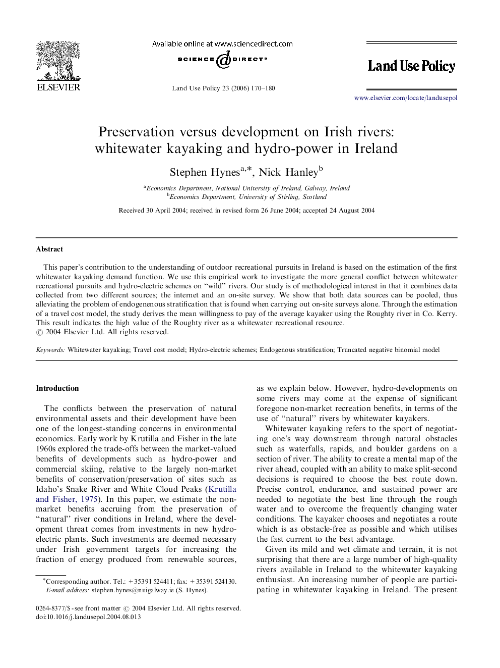 Preservation versus development on Irish rivers: whitewater kayaking and hydro-power in Ireland