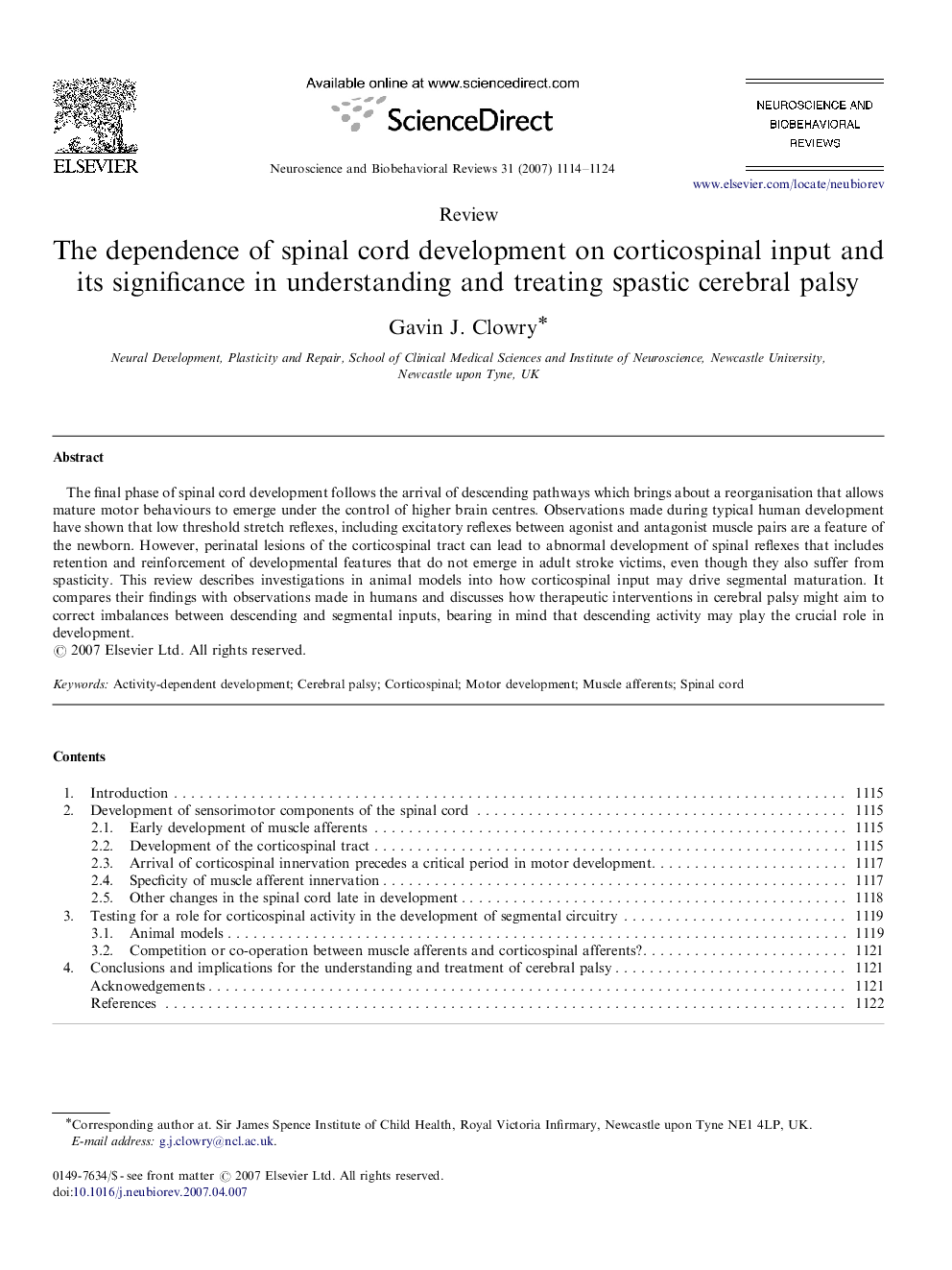 The dependence of spinal cord development on corticospinal input and its significance in understanding and treating spastic cerebral palsy