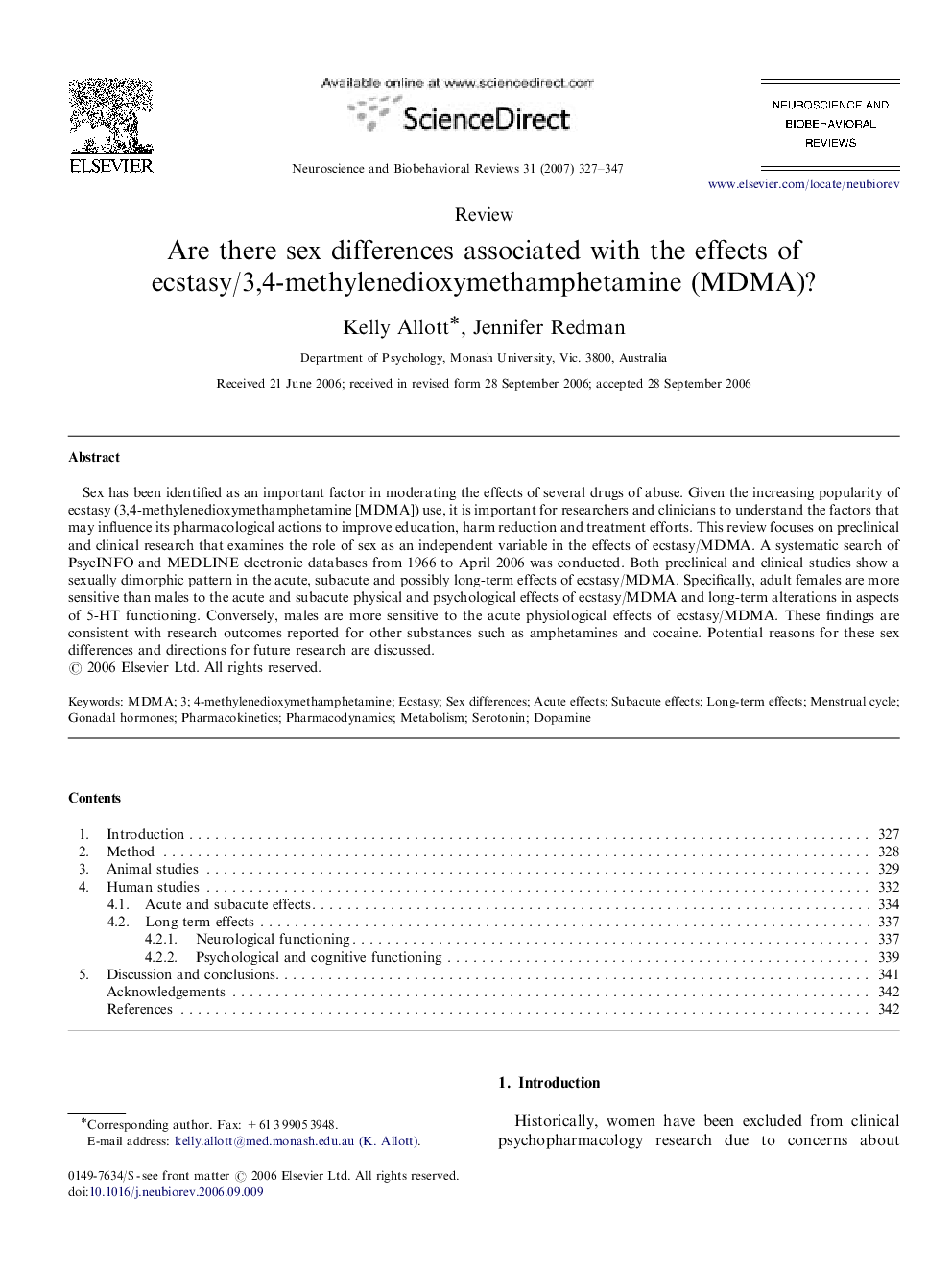 Are there sex differences associated with the effects of ecstasy/3,4-methylenedioxymethamphetamine (MDMA)?