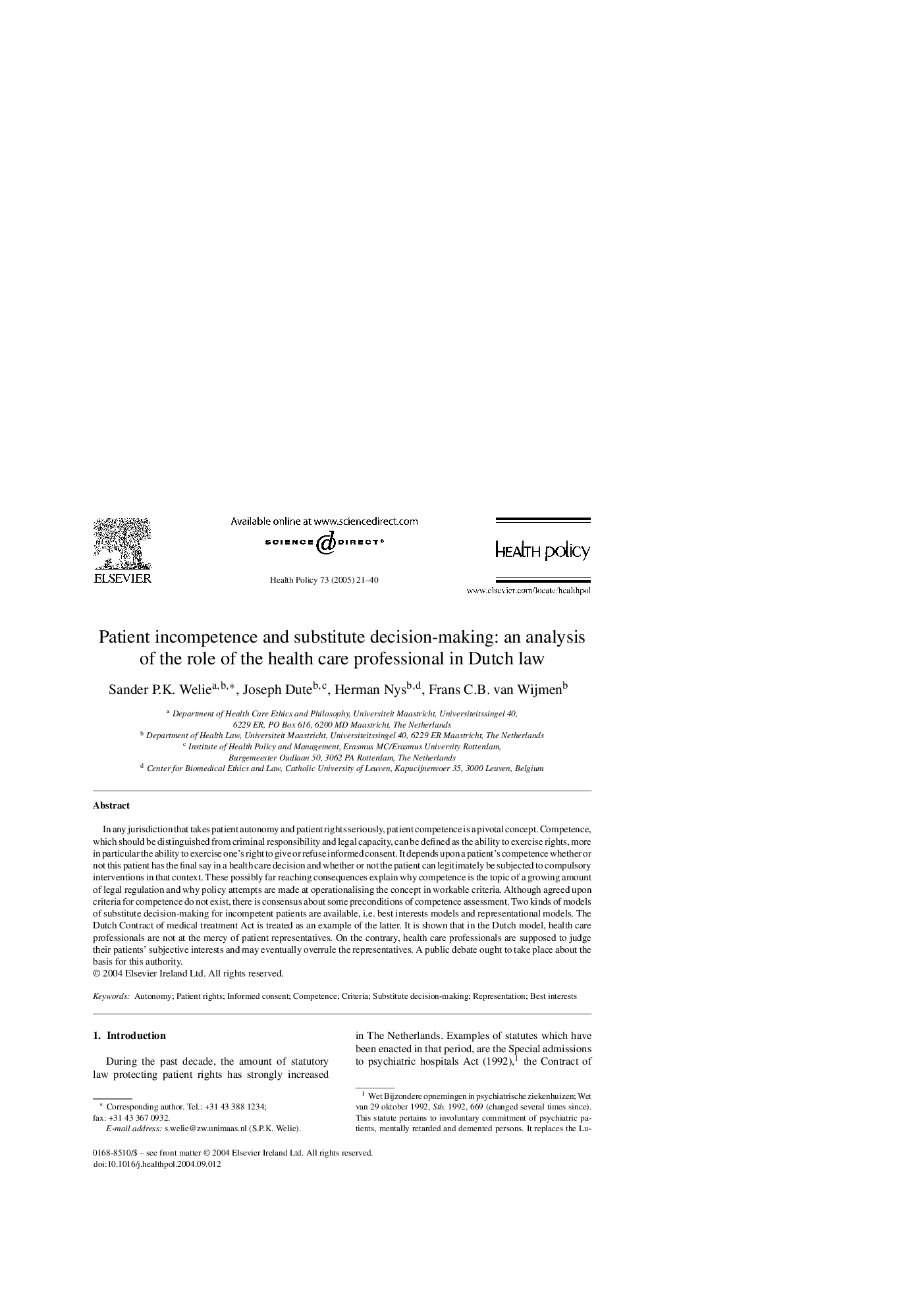 Patient incompetence and substitute decision-making: an analysis of the role of the health care professional in Dutch law