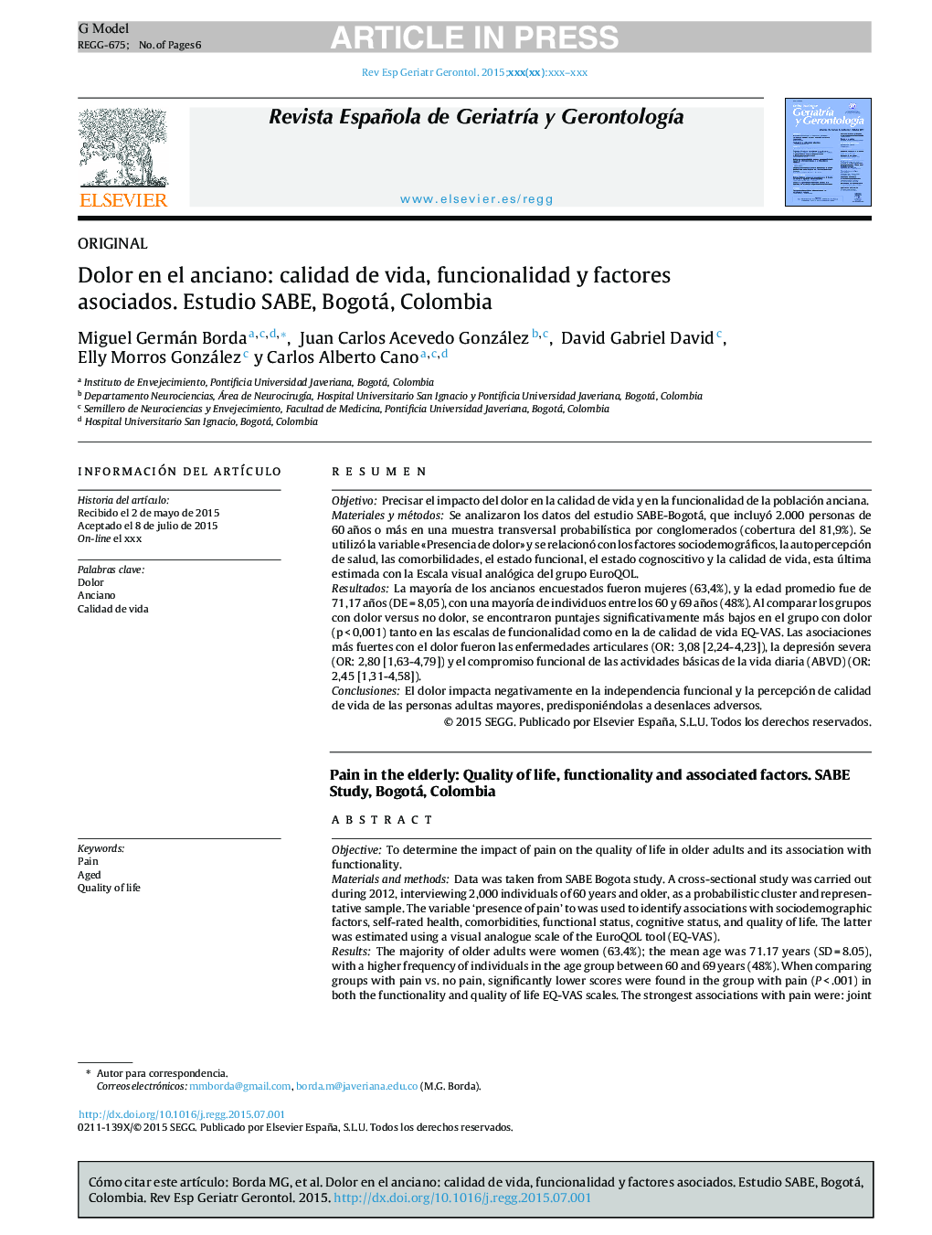 Dolor en el anciano: calidad de vida, funcionalidad y factores asociados. Estudio SABE, Bogotá, Colombia