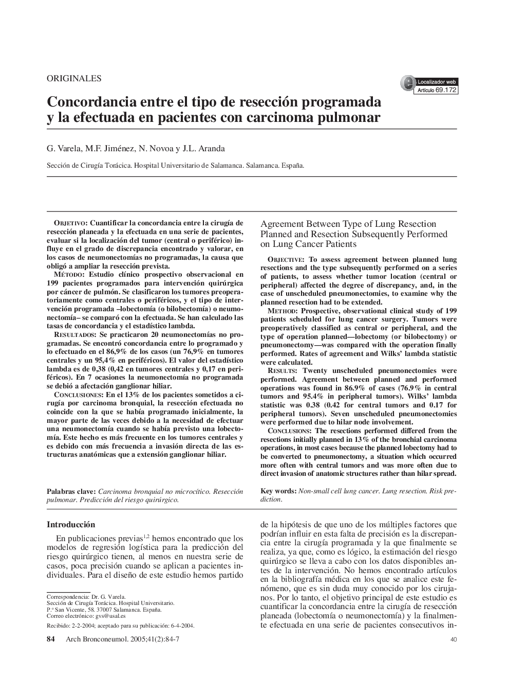 Concordancia entre el tipo de resección programada y la efectuada en pacientes con carcinoma pulmonar