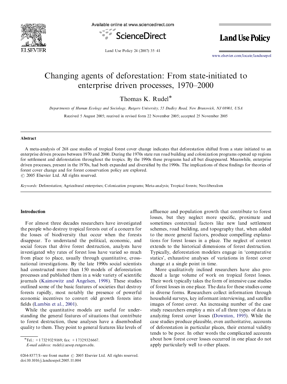 Changing agents of deforestation: From state-initiated to enterprise driven processes, 1970–2000