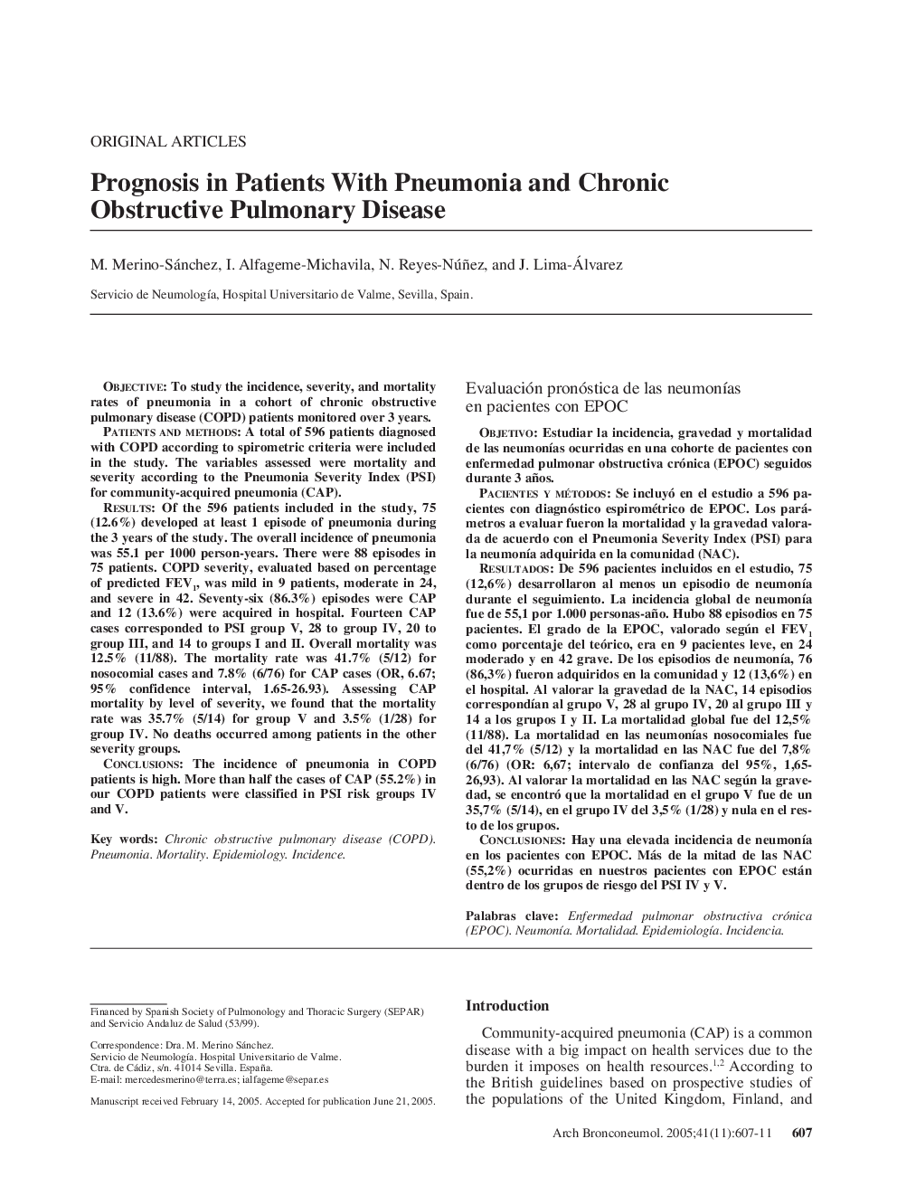 Prognosis in Patients With Pneumonia and Chronic Obstructive Pulmonary Disease