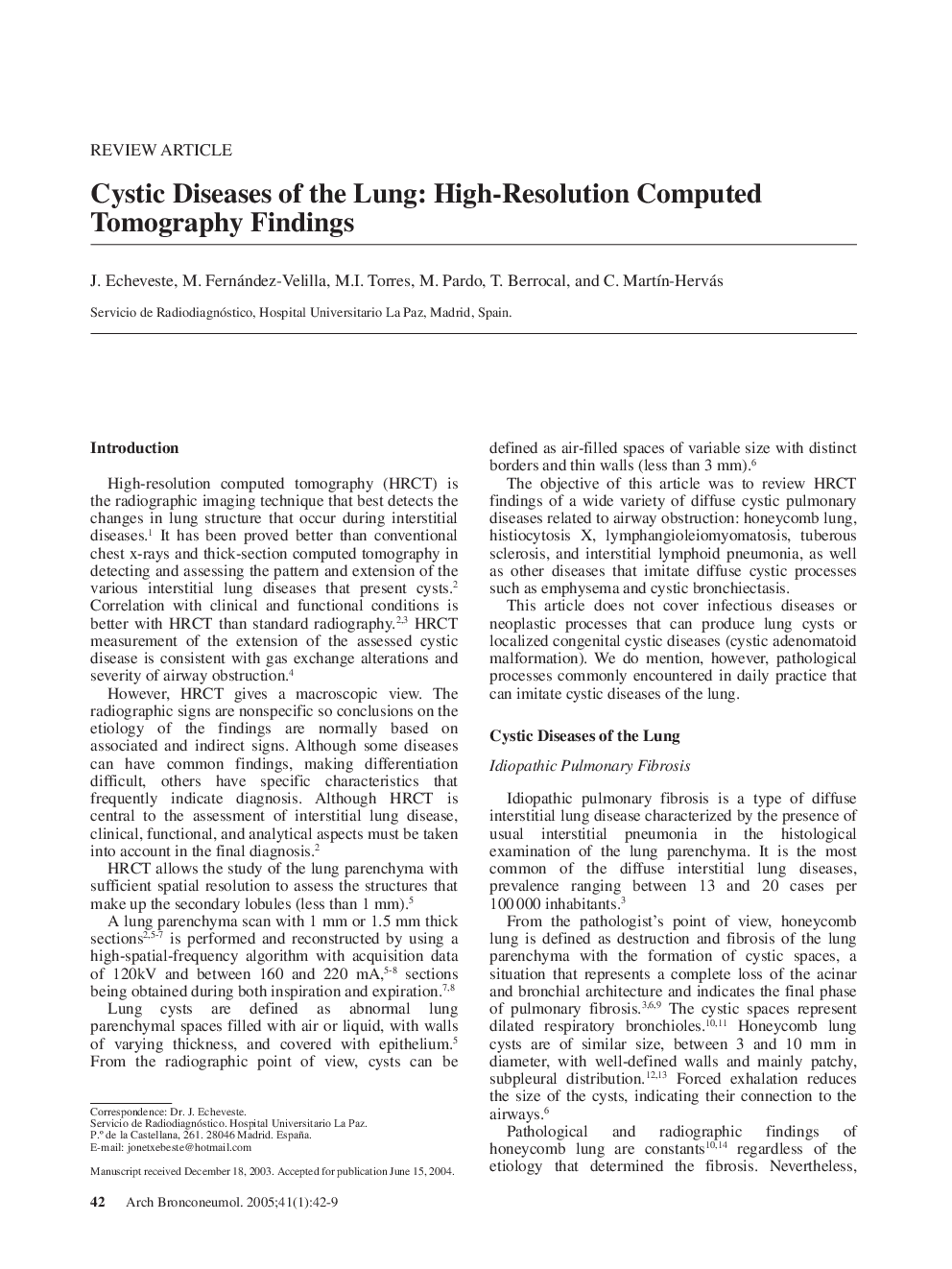 Cystic Diseases of the Lung: High-Resolution Computed Tomography Findings