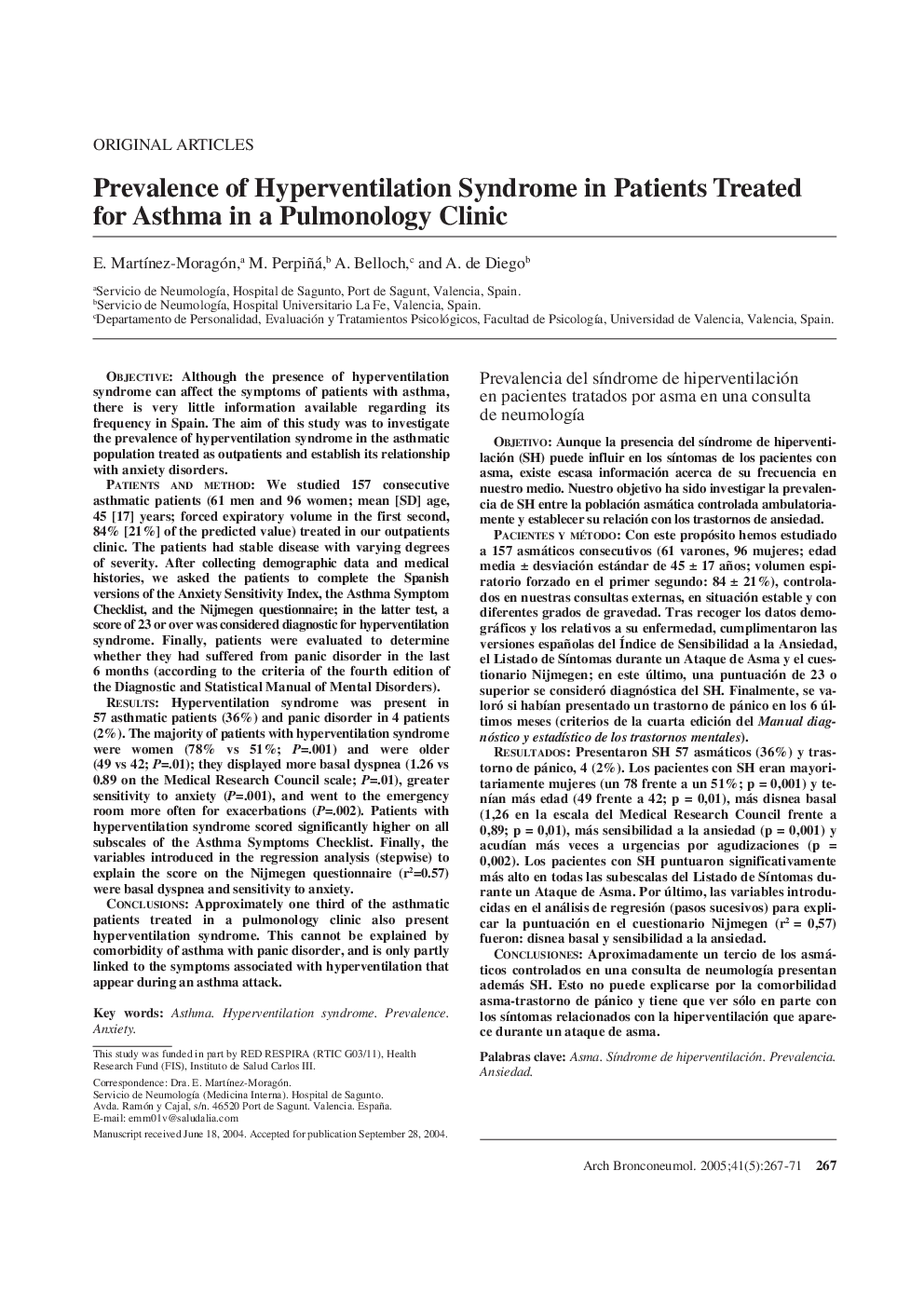 Prevalence of Hyperventilation Syndrome in Patients Treated for Asthma in a Pulmonology Clinic