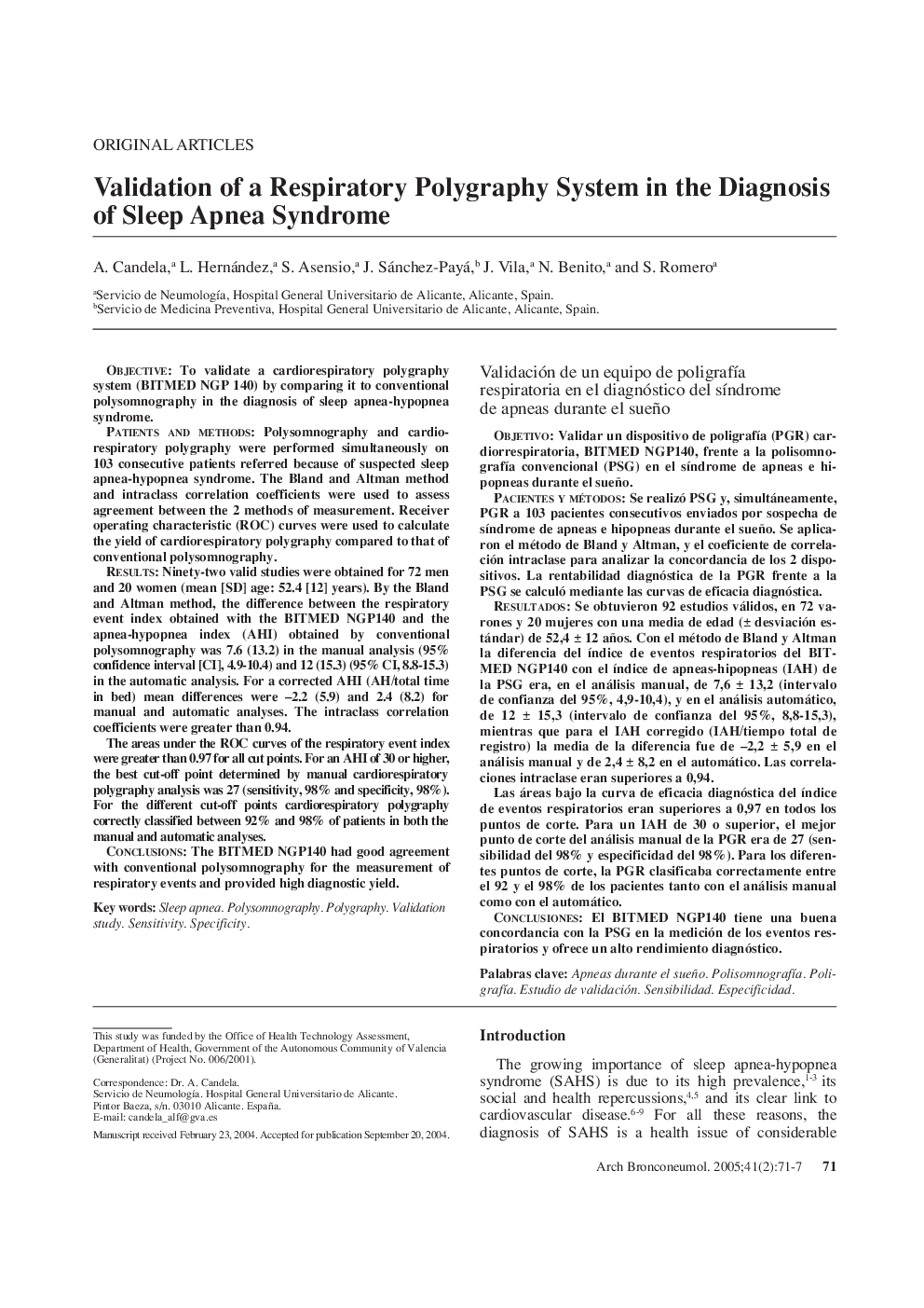 Validation of a Respiratory Polygraphy System in the Diagnosis of Sleep Apnea Syndrome