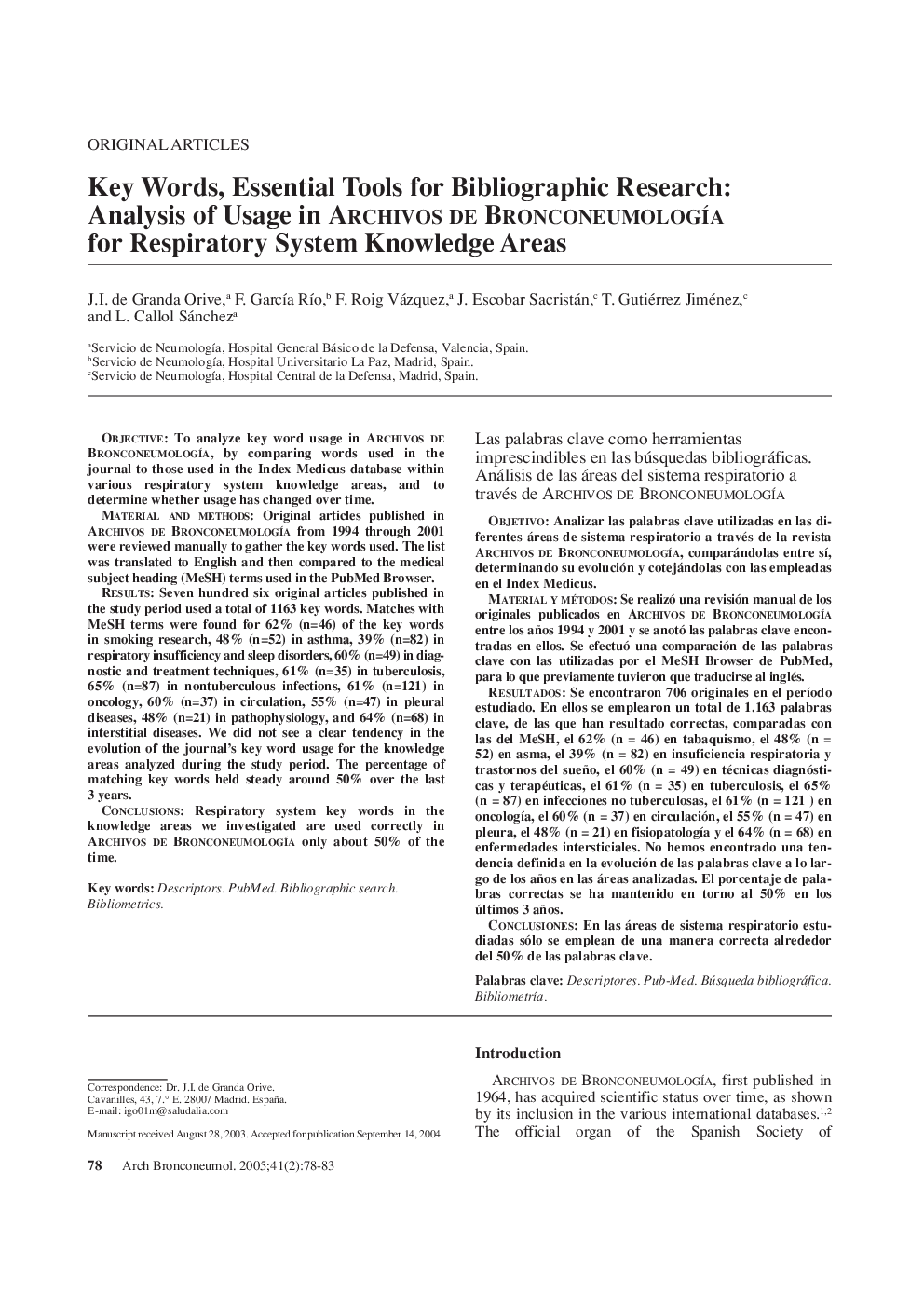 Key Words, Essential Tools for Bibliographic Research: Analysis of Usage in ARchivos De BronconeumologÃ­a for Respiratory System Knowledge Areas