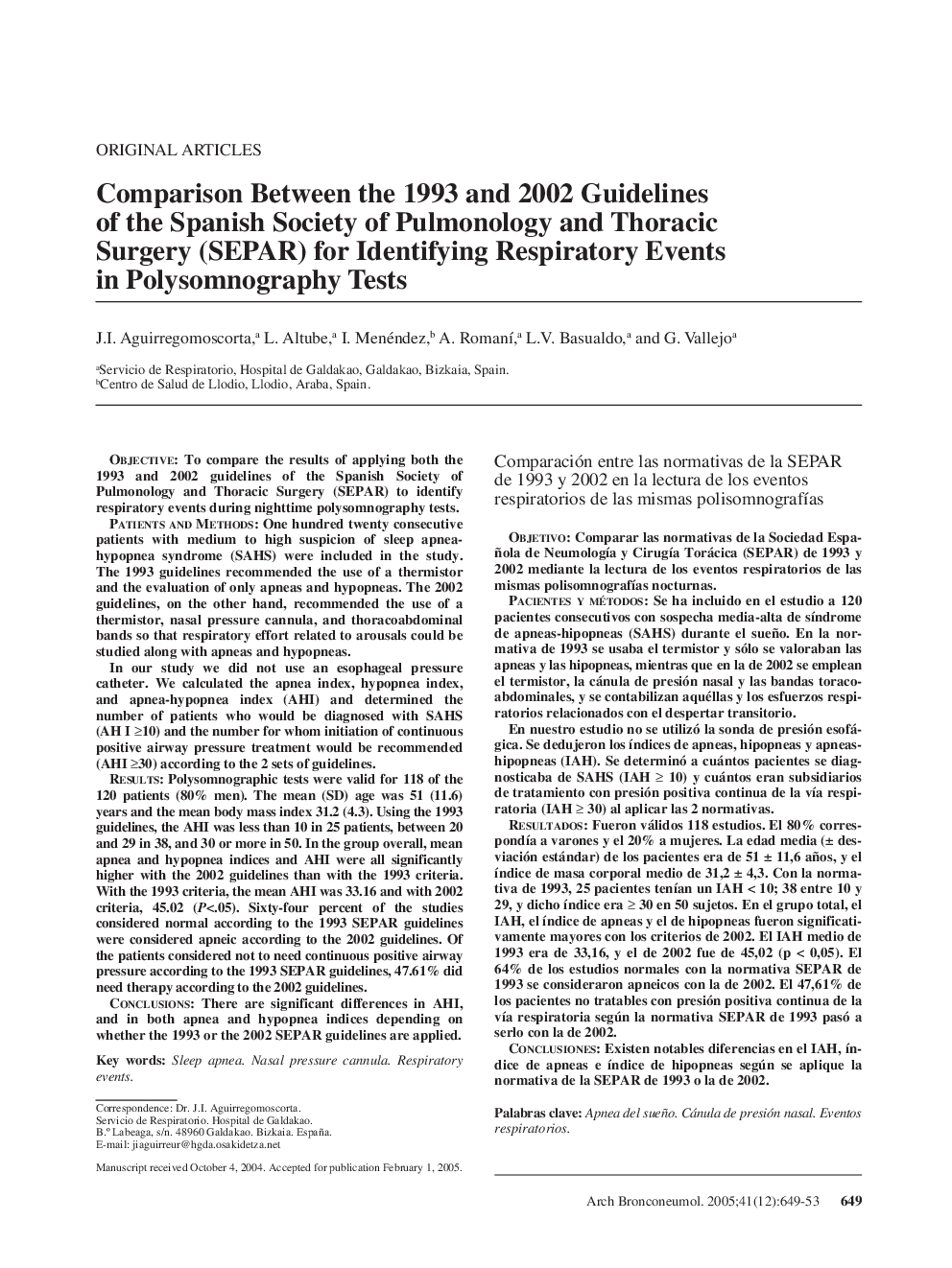 Comparison Between the 1993 and 2002 Guidelines of the Spanish Society of Pulmonology and Thoracic Surgery (SEPAR) for Identifying Respiratory Events in Polysomnography Tests