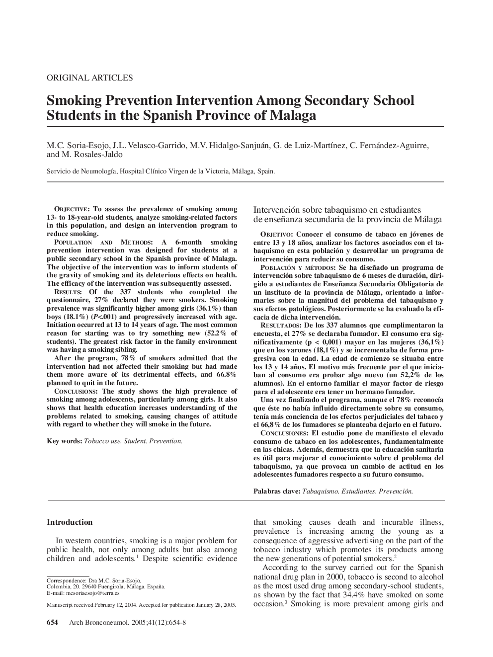 Smoking Prevention Intervention Among Secondary School Students in the Spanish Province of Malaga