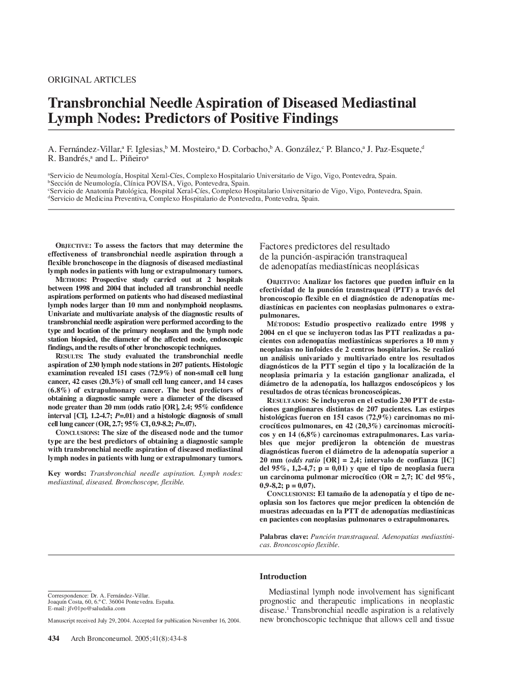 Transbronchial Needle Aspiration of Diseased Mediastinal Lymph Nodes: Predictors of Positive Findings