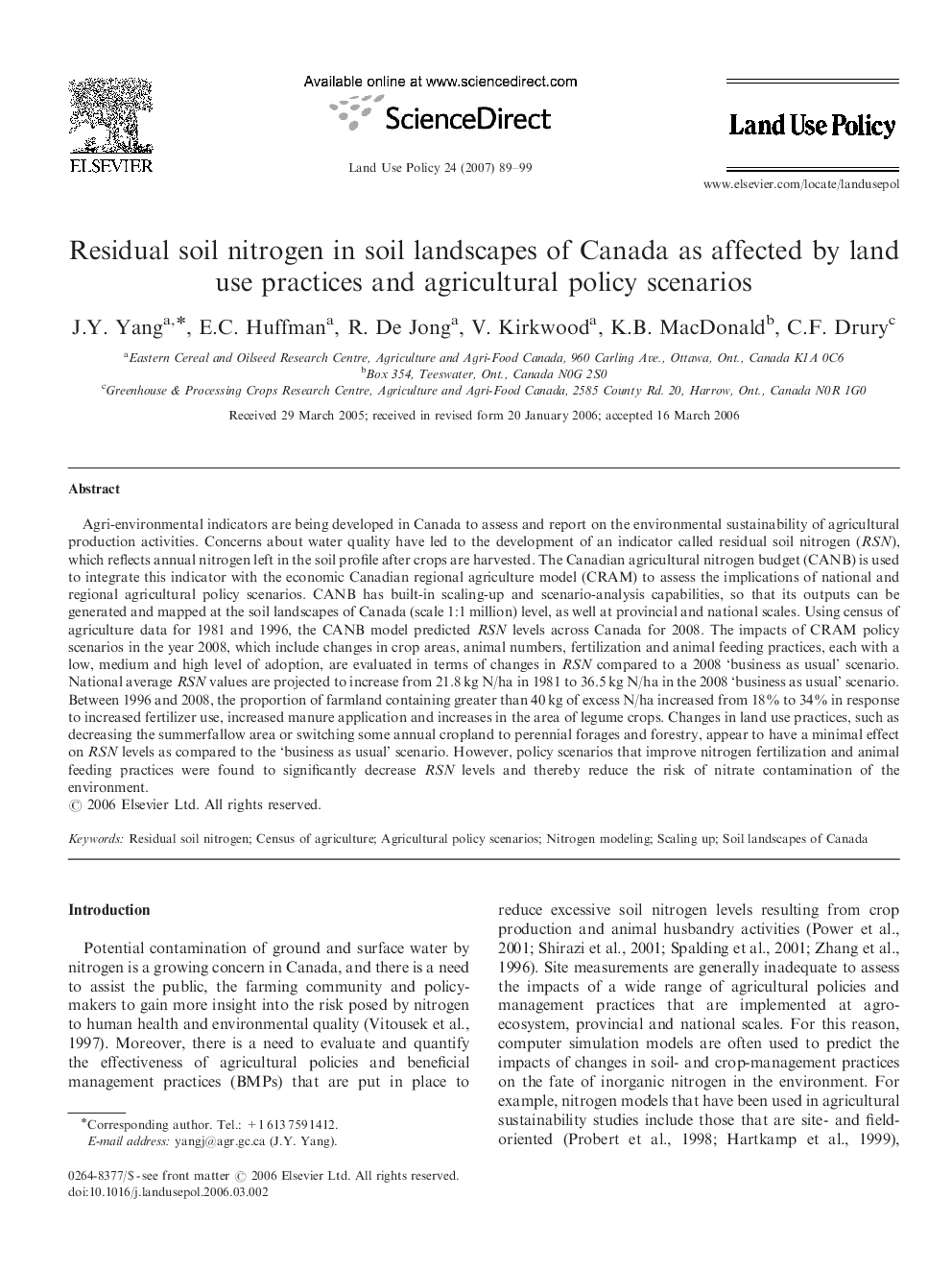 Residual soil nitrogen in soil landscapes of Canada as affected by land use practices and agricultural policy scenarios