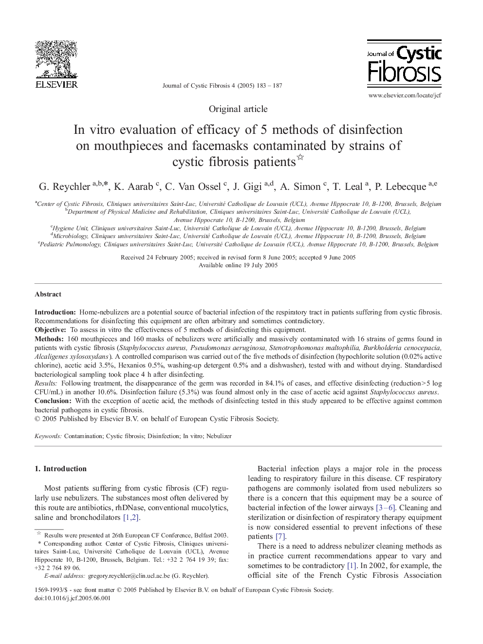 In vitro evaluation of efficacy of 5 methods of disinfection on mouthpieces and facemasks contaminated by strains of cystic fibrosis patients