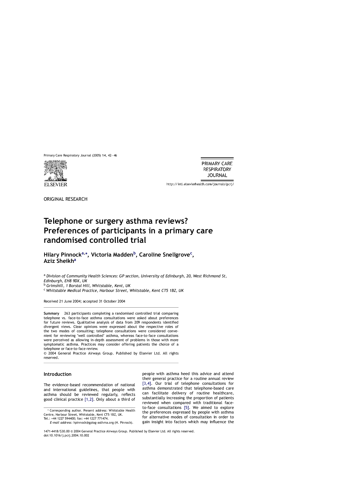 عکس صفحه اول مقاله: Telephone or surgery asthma reviews? Preferences of participants in a primary care randomised controlled trial Telephone or surgery asthma reviews? Preferences of participants in a primary care randomised controlled trial