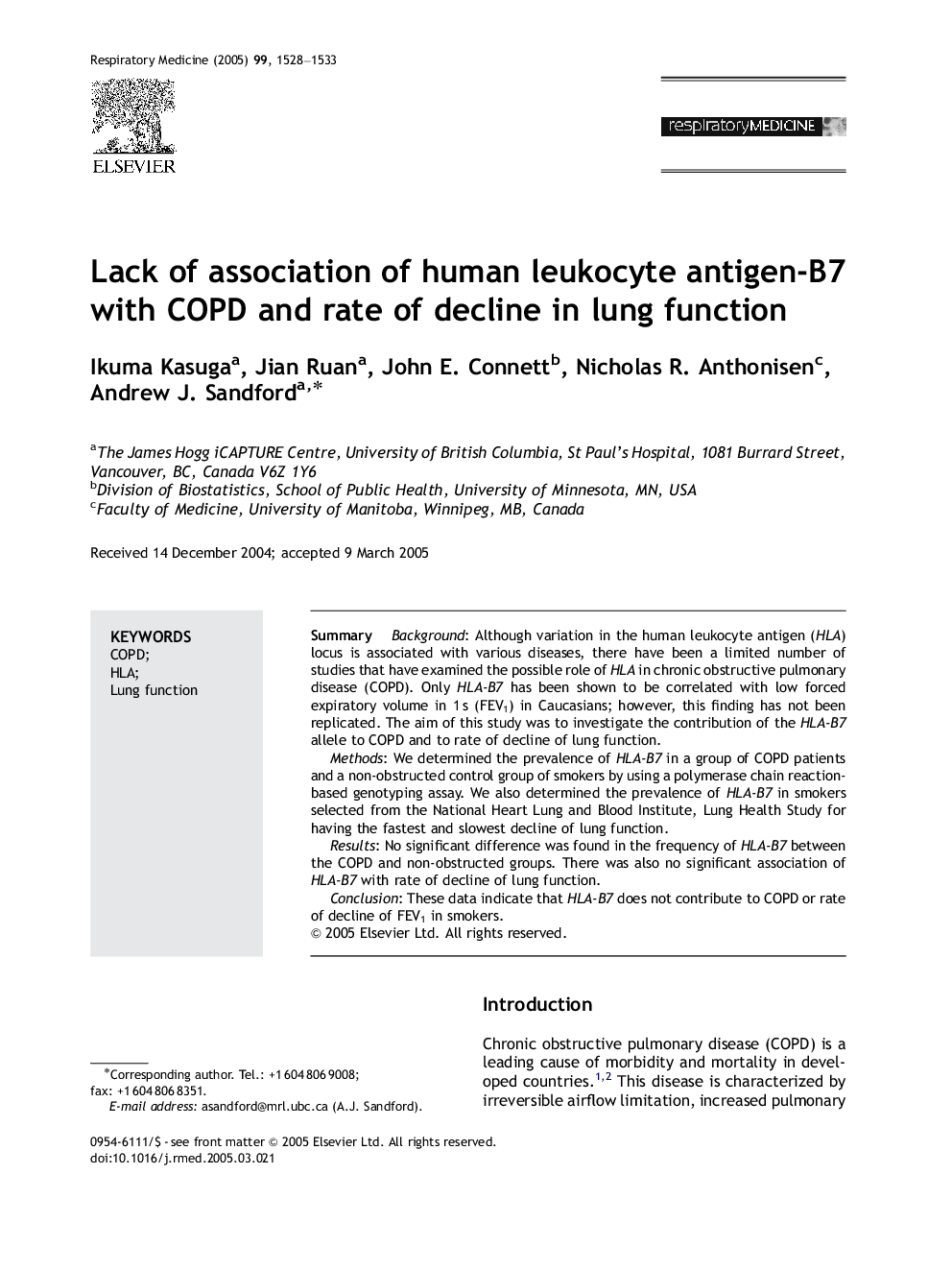 Lack of association of human leukocyte antigen-B7 with COPD and rate of decline in lung function