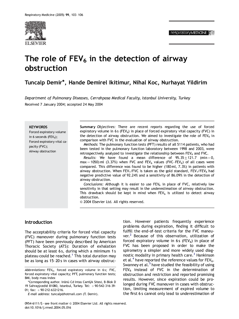 The role of FEV6 in the detection of airway obstruction