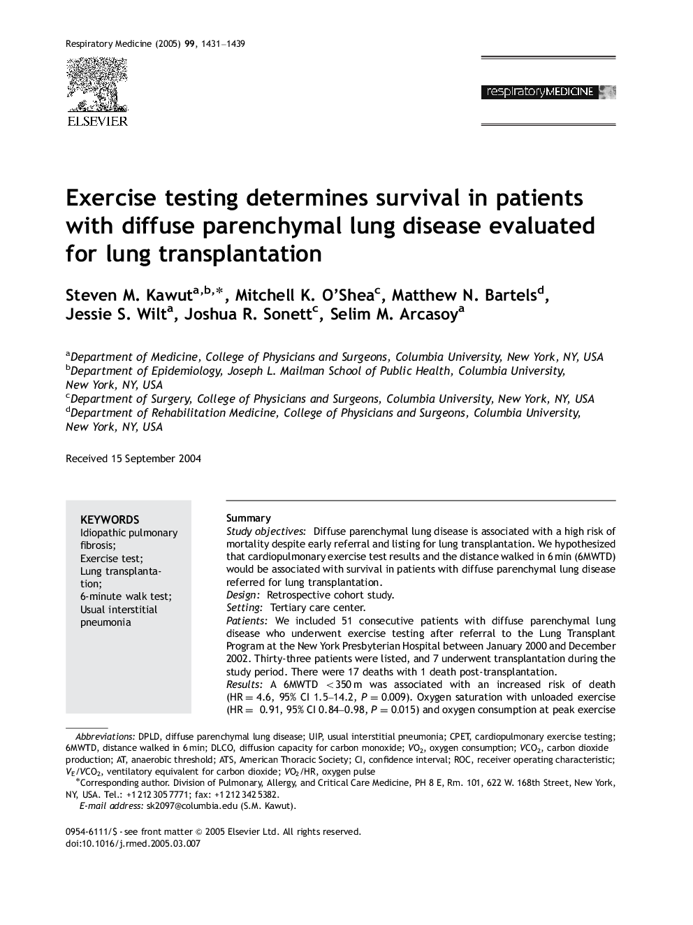 Exercise testing determines survival in patients with diffuse parenchymal lung disease evaluated for lung transplantation