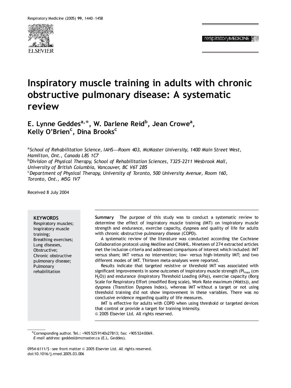 Inspiratory muscle training in adults with chronic obstructive pulmonary disease: A systematic review