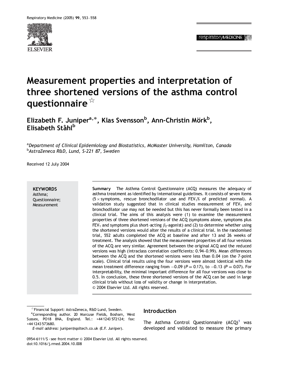 Measurement properties and interpretation of three shortened versions of the asthma control questionnaire