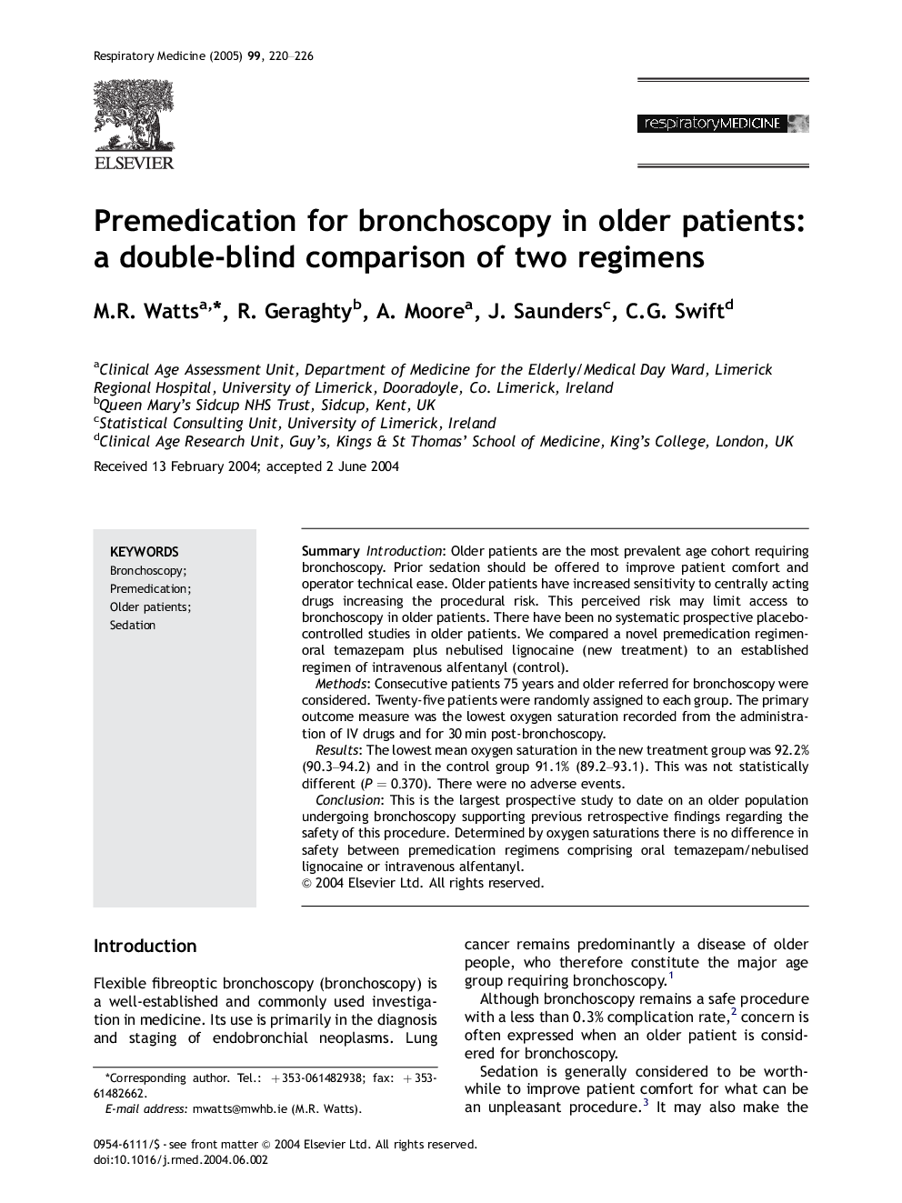 Premedication for bronchoscopy in older patients: a double-blind comparison of two regimens